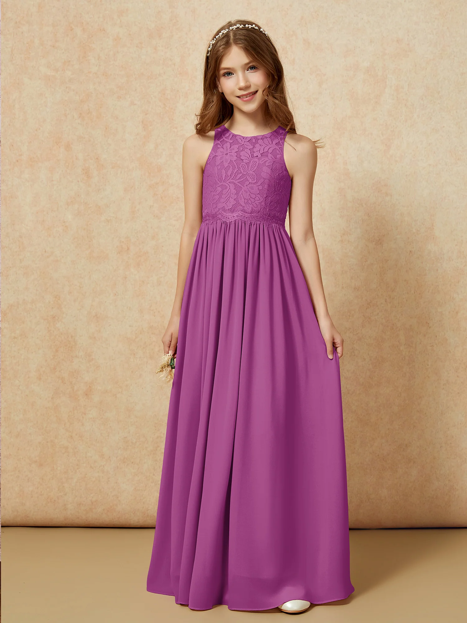 Sleeveless Lace Chiffon A-line Junior Bridesmaid Dress Orchid - Image 6