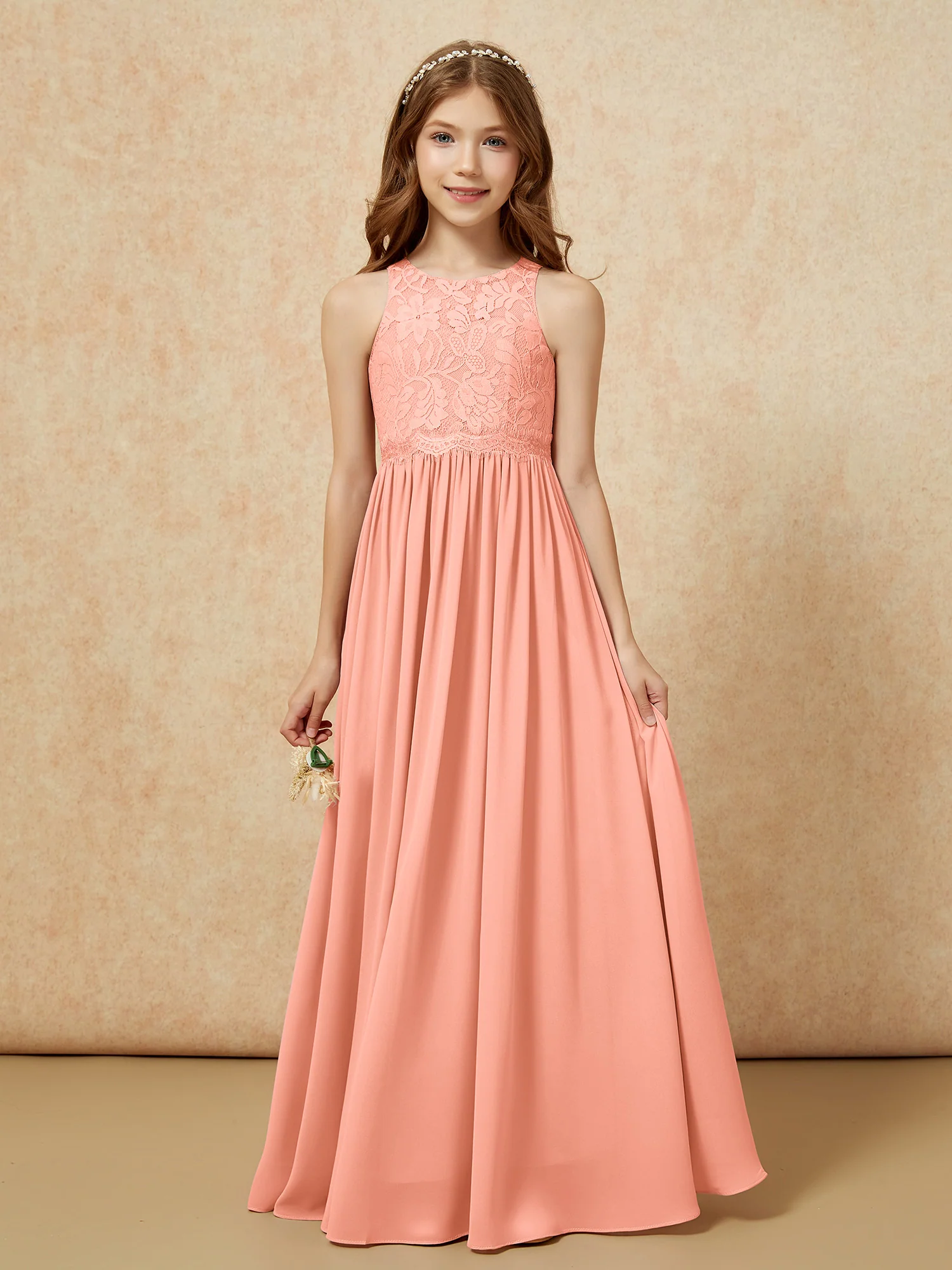 Sleeveless Lace Chiffon A-line Junior Bridesmaid Dress Papaya