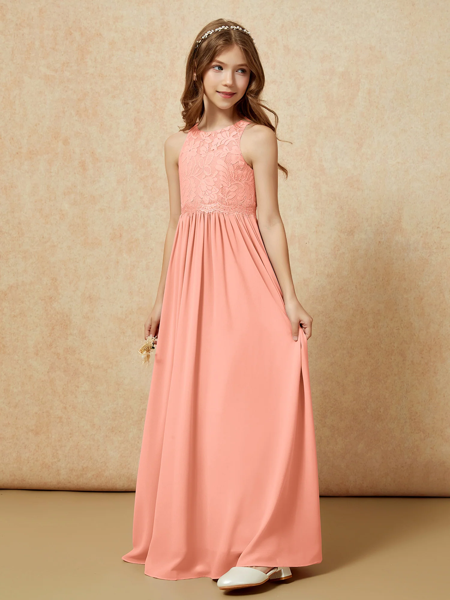 Sleeveless Lace Chiffon A-line Junior Bridesmaid Dress Papaya - Image 3