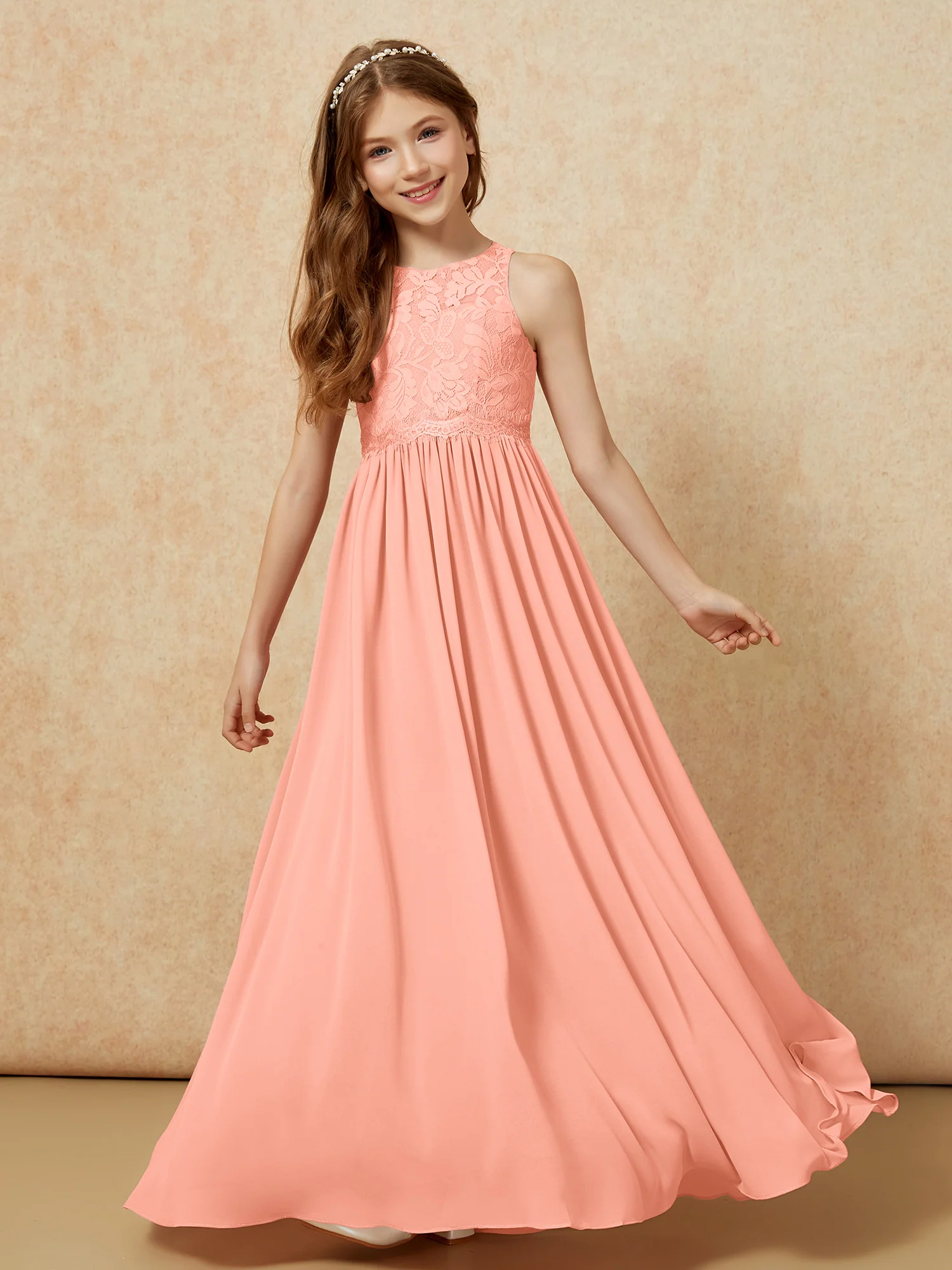 Sleeveless Lace Chiffon A-line Junior Bridesmaid Dress Papaya - Image 4