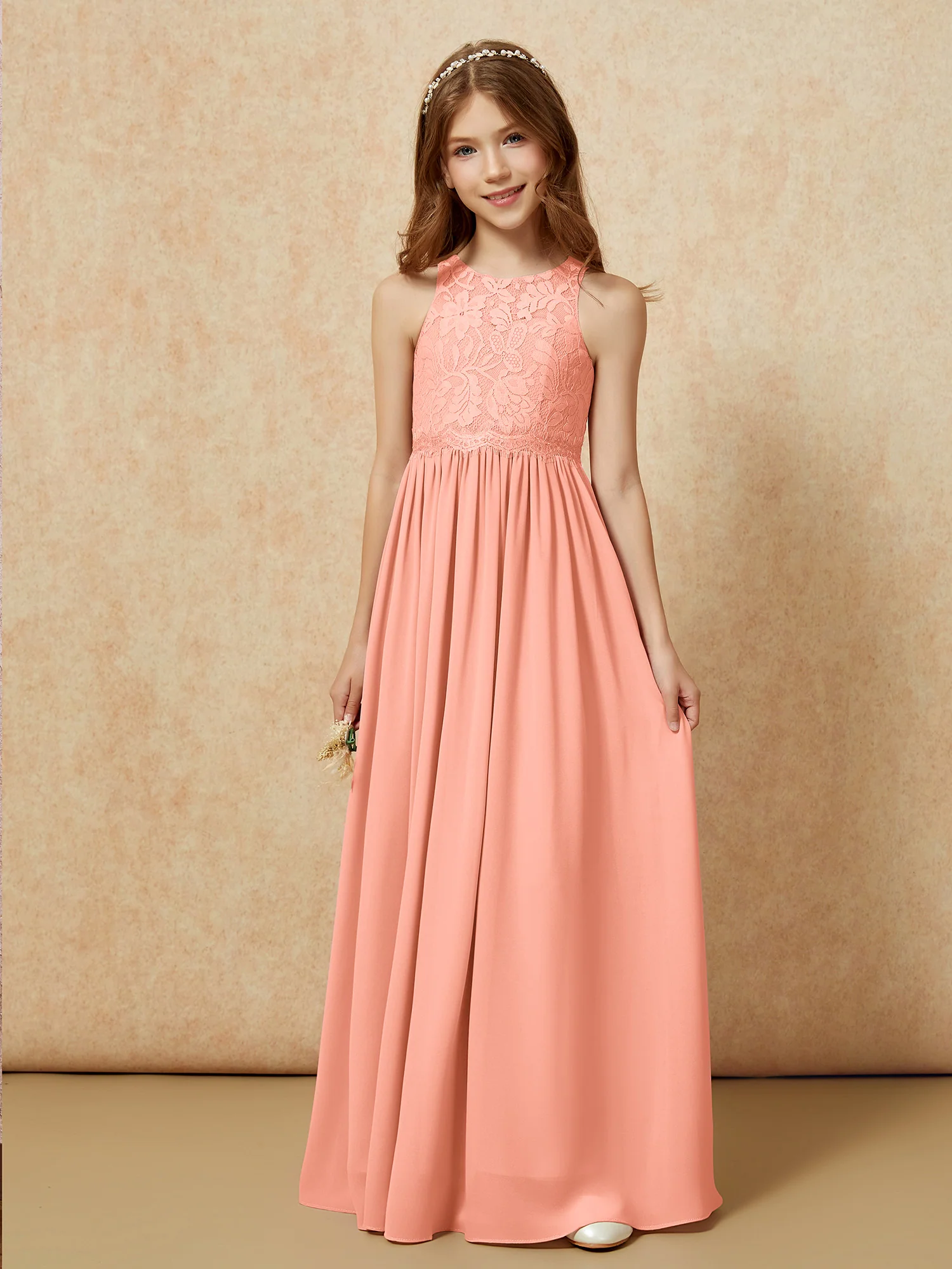 Sleeveless Lace Chiffon A-line Junior Bridesmaid Dress Papaya - Image 6