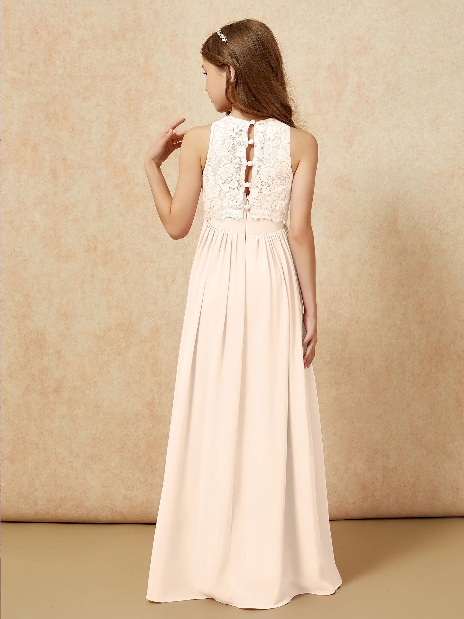 Sleeveless Lace Chiffon A-line Junior Bridesmaid Dress Peach - Image 2