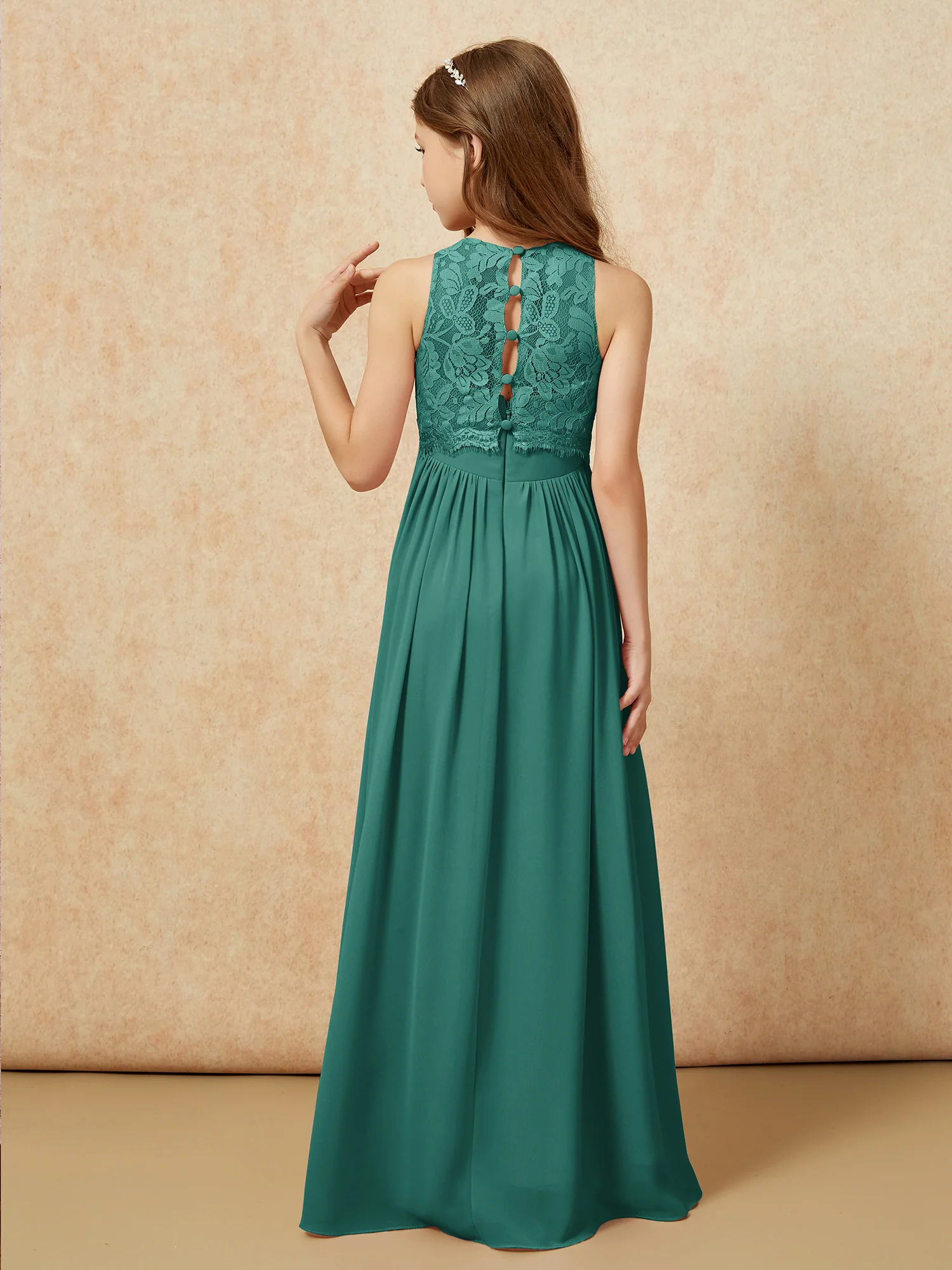 Sleeveless Lace Chiffon A-line Junior Bridesmaid Dress Peacock - Image 2