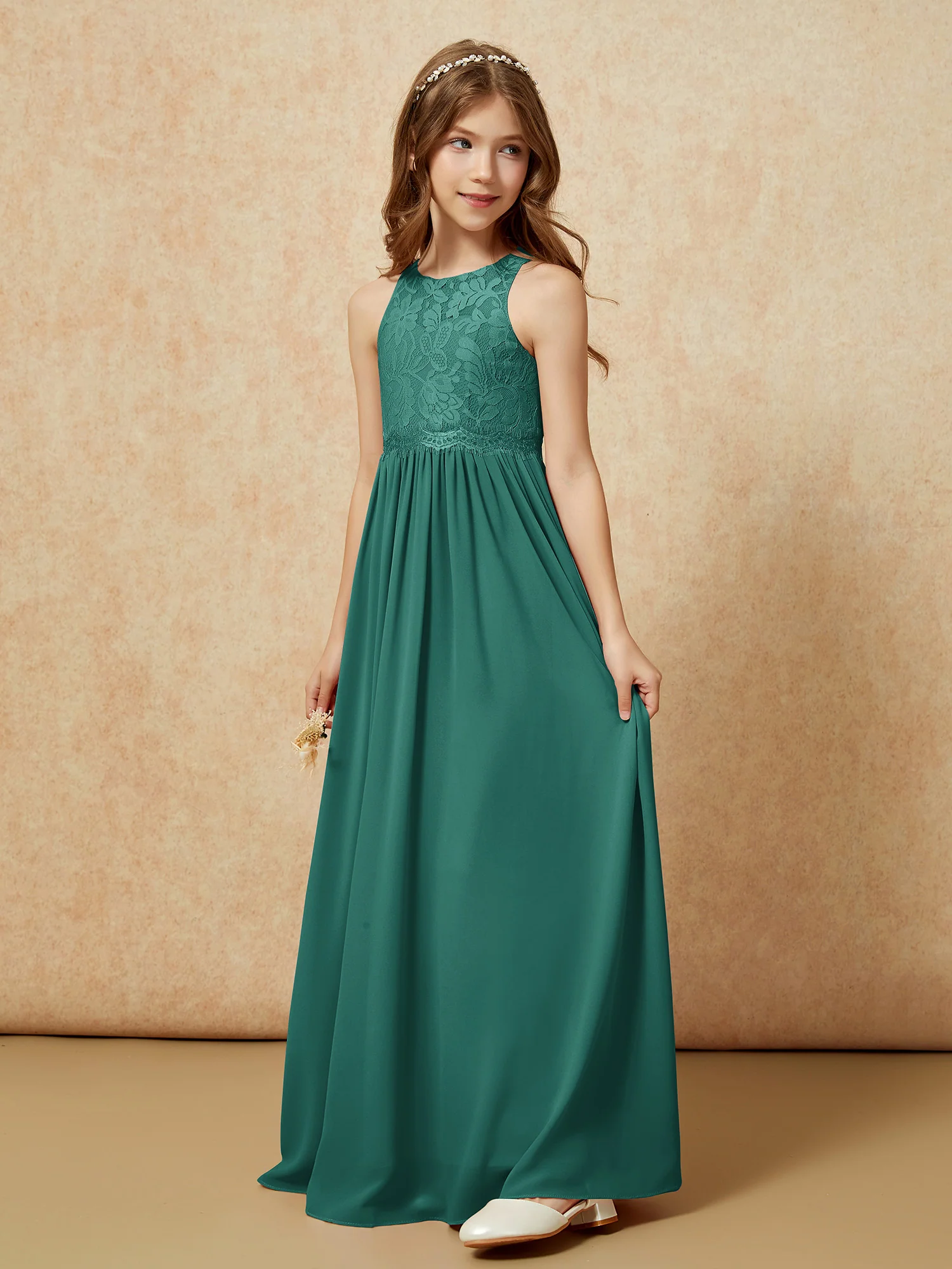 Sleeveless Lace Chiffon A-line Junior Bridesmaid Dress Peacock - Image 3