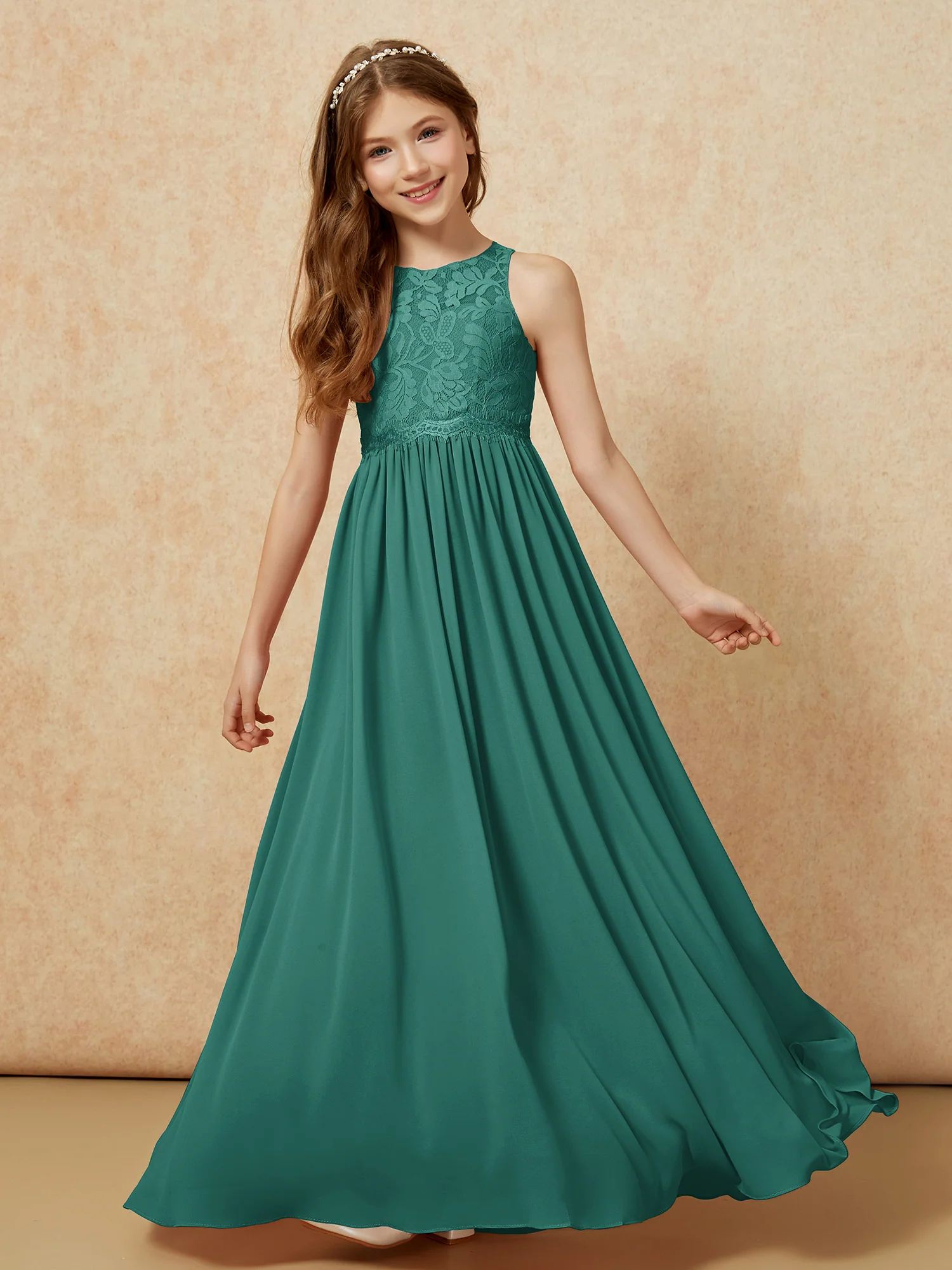 Sleeveless Lace Chiffon A-line Junior Bridesmaid Dress Peacock - Image 4