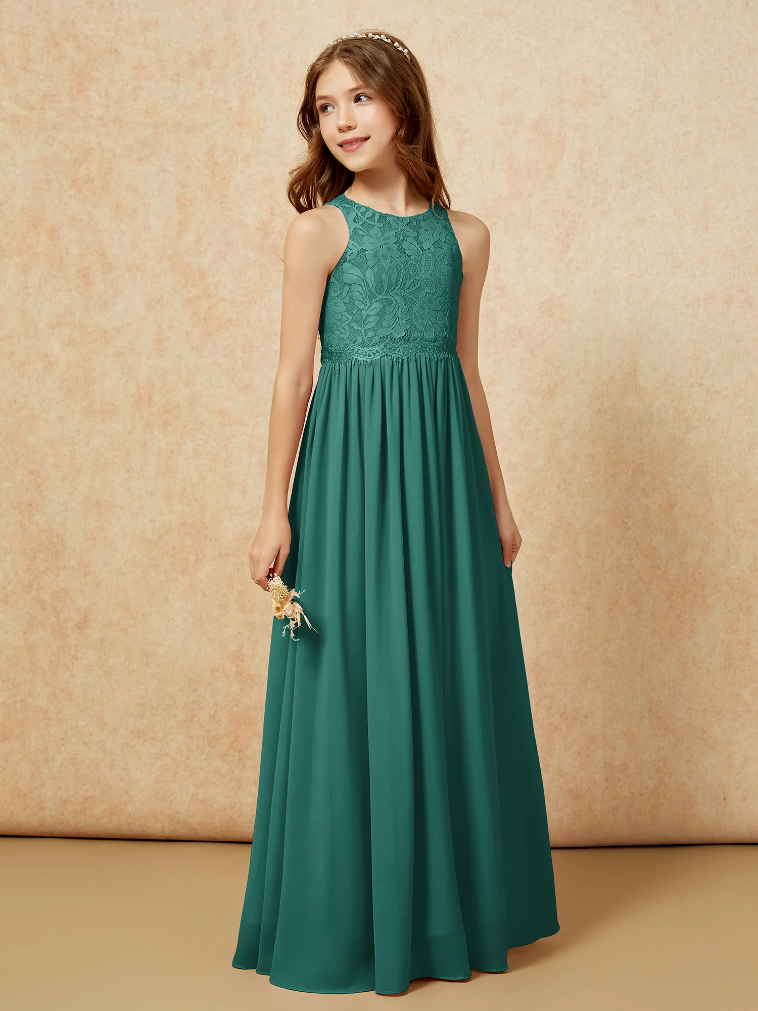 Sleeveless Lace Chiffon A-line Junior Bridesmaid Dress Peacock - Image 5