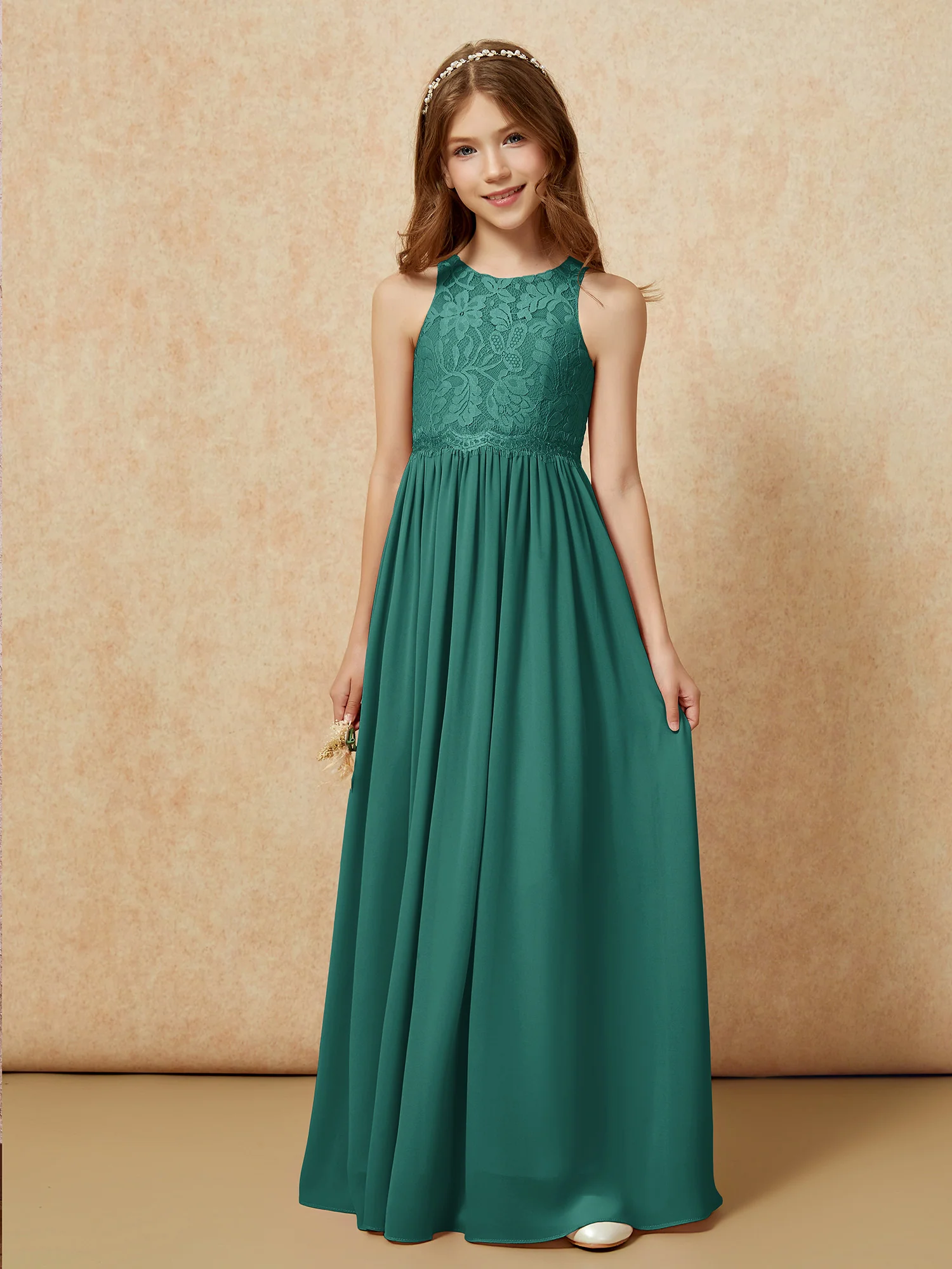 Sleeveless Lace Chiffon A-line Junior Bridesmaid Dress Peacock - Image 6