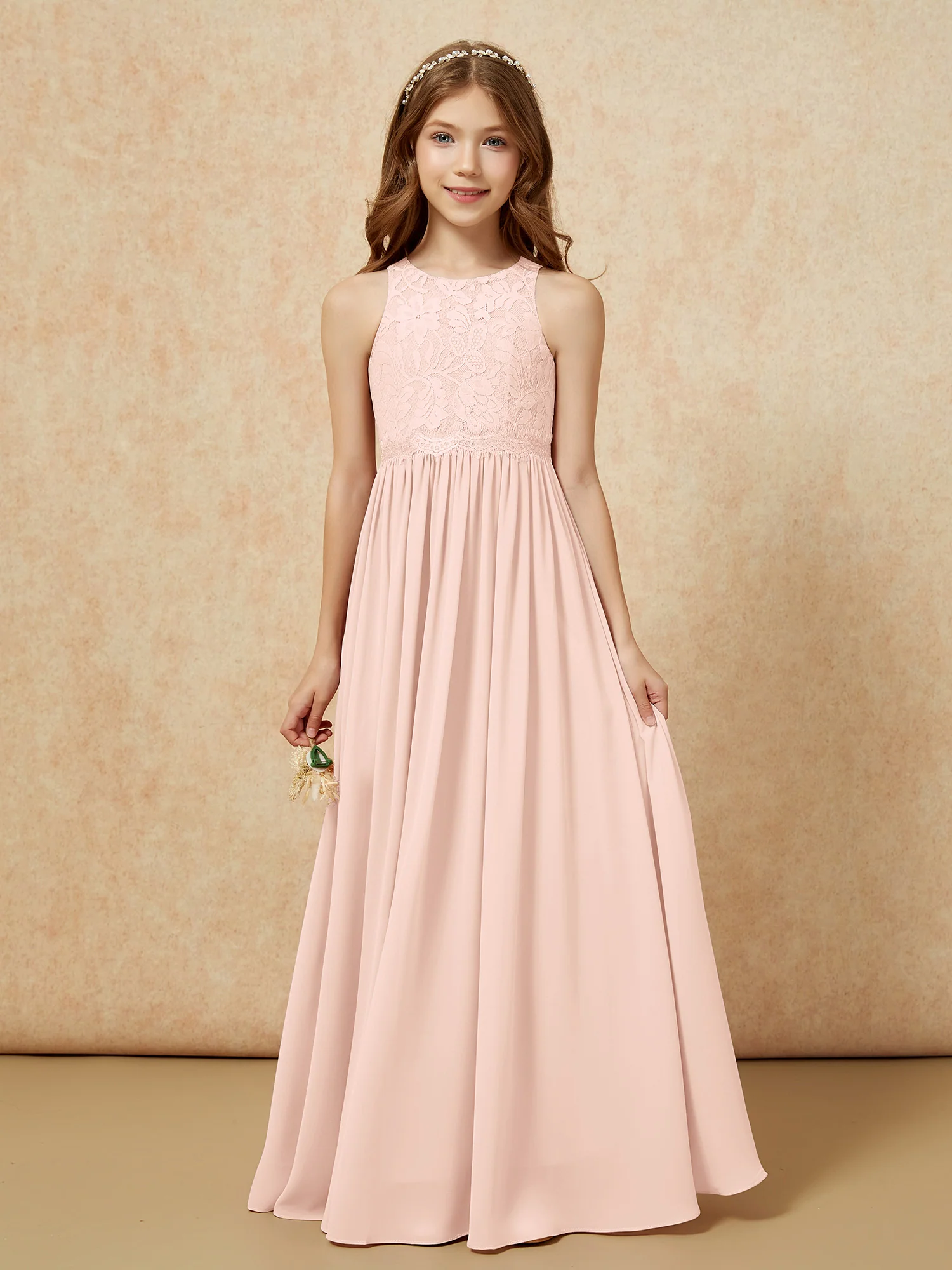 Sleeveless Lace Chiffon A-line Junior Bridesmaid Dress Pearl Pink