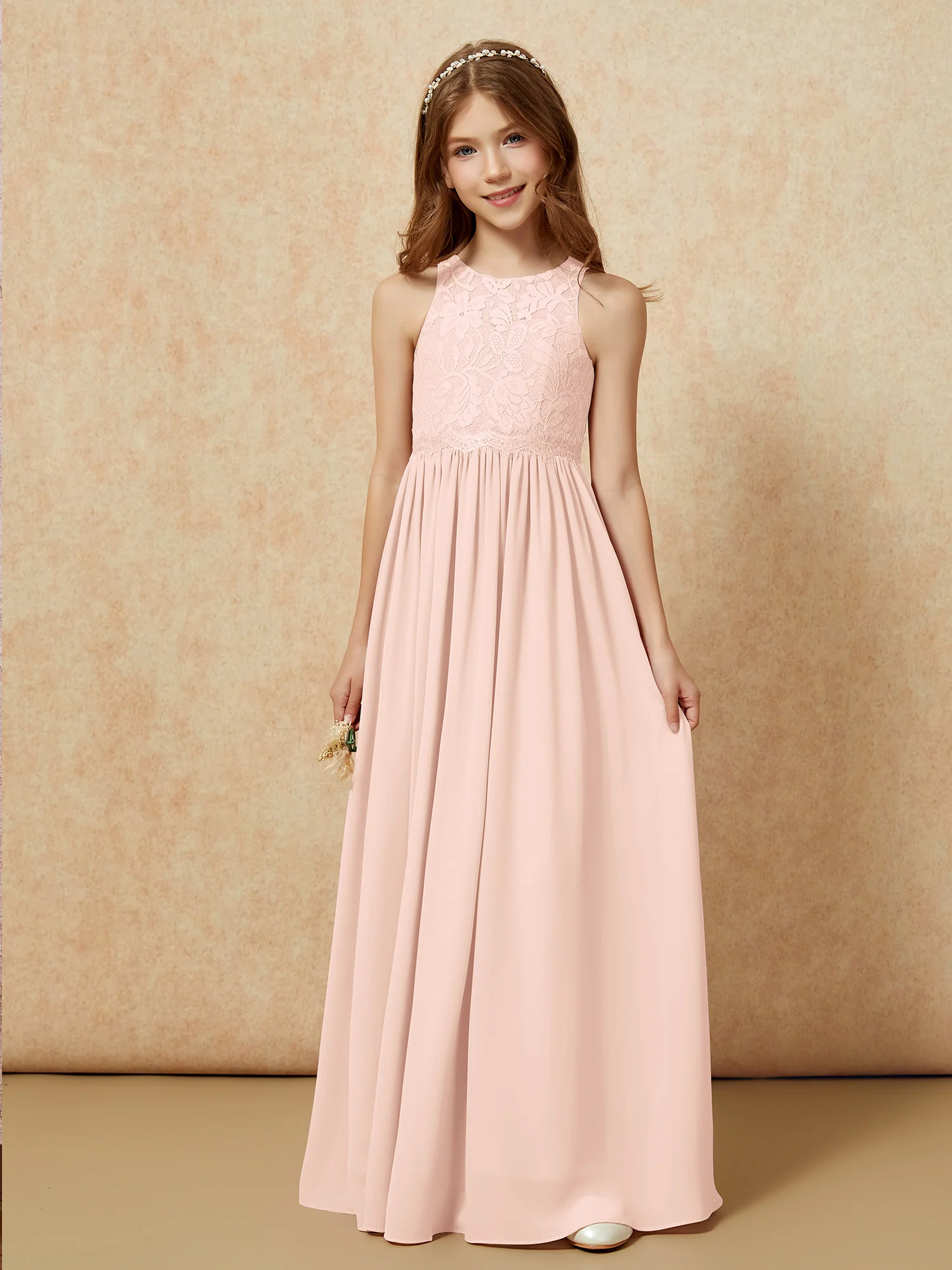 Sleeveless Lace Chiffon A-line Junior Bridesmaid Dress Pearl Pink - Image 6