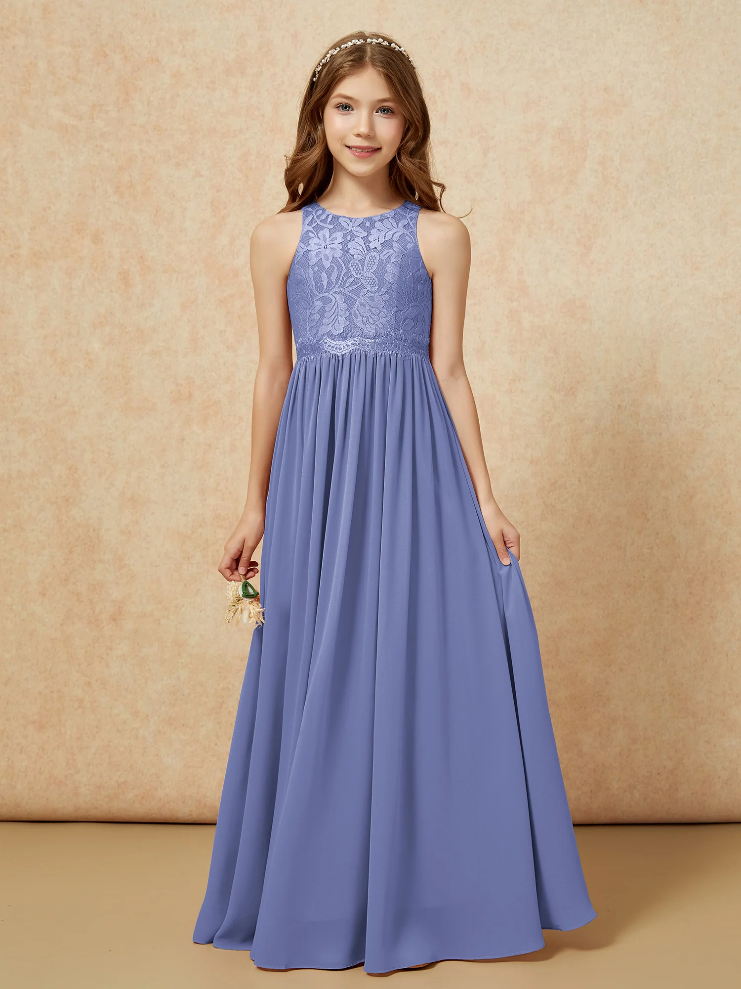 Sleeveless Lace Chiffon A-line Junior Bridesmaid Dress Periwinkle
