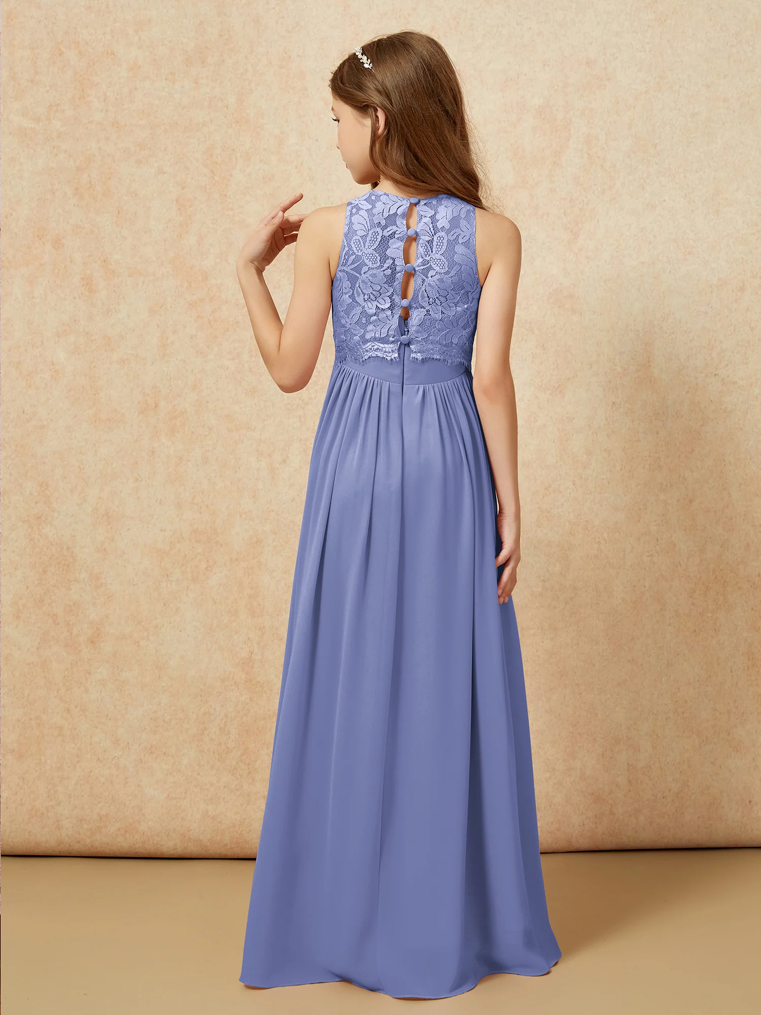 Sleeveless Lace Chiffon A-line Junior Bridesmaid Dress Periwinkle - Image 2