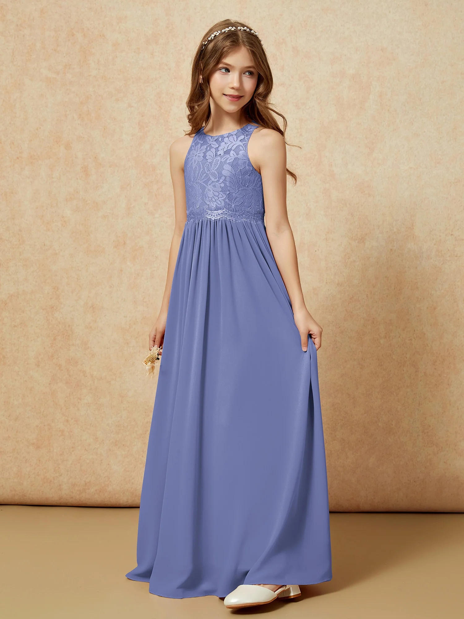 Sleeveless Lace Chiffon A-line Junior Bridesmaid Dress Periwinkle - Image 3