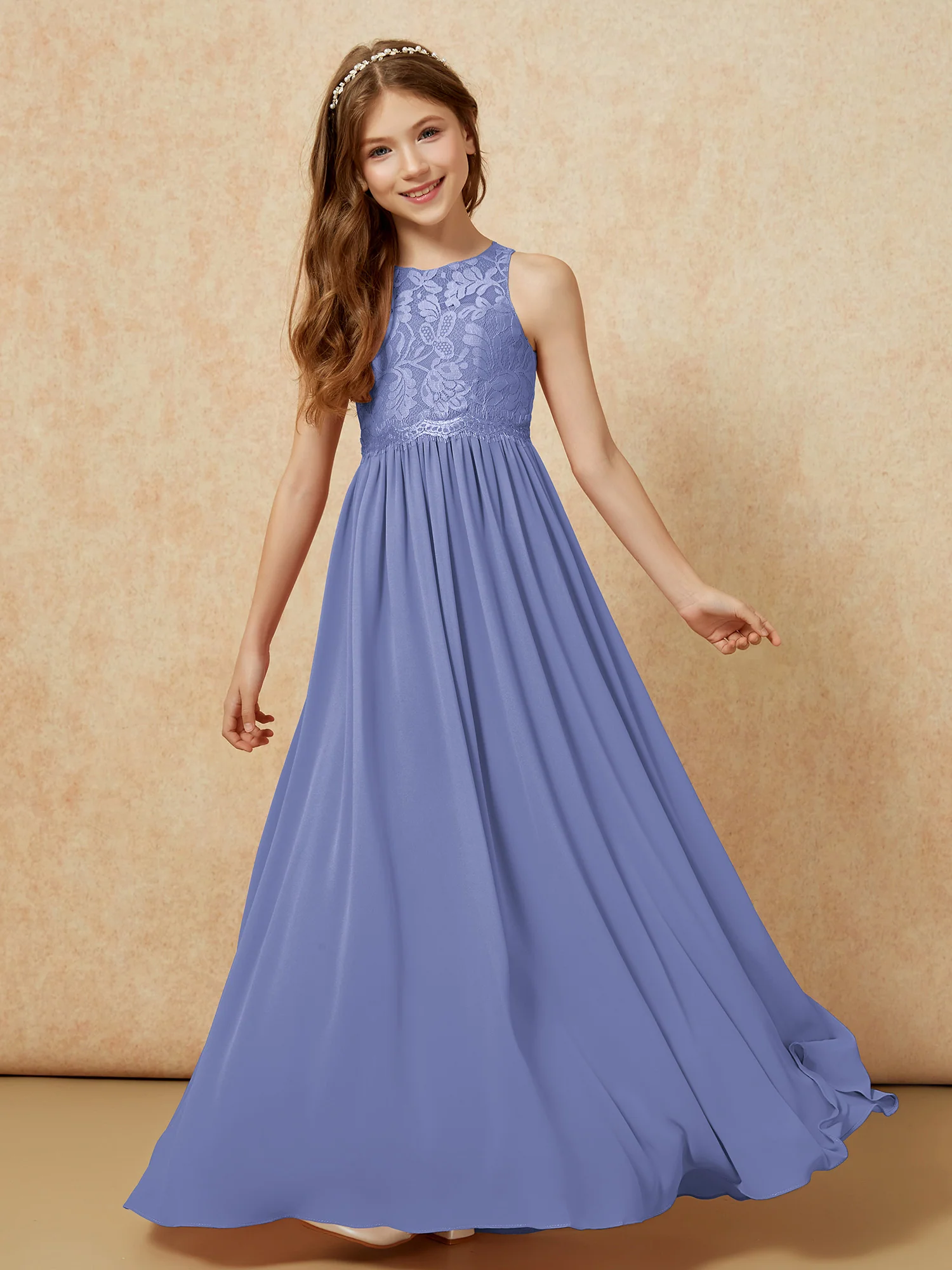 Sleeveless Lace Chiffon A-line Junior Bridesmaid Dress Periwinkle - Image 4