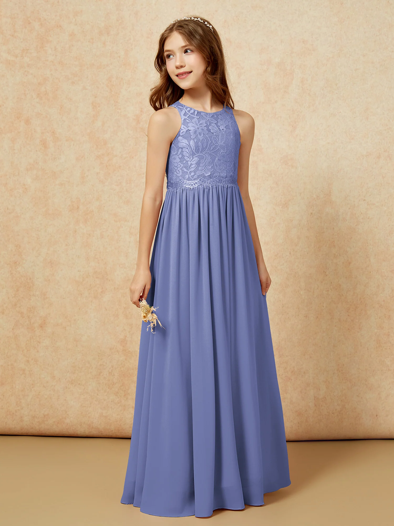 Sleeveless Lace Chiffon A-line Junior Bridesmaid Dress Periwinkle - Image 5