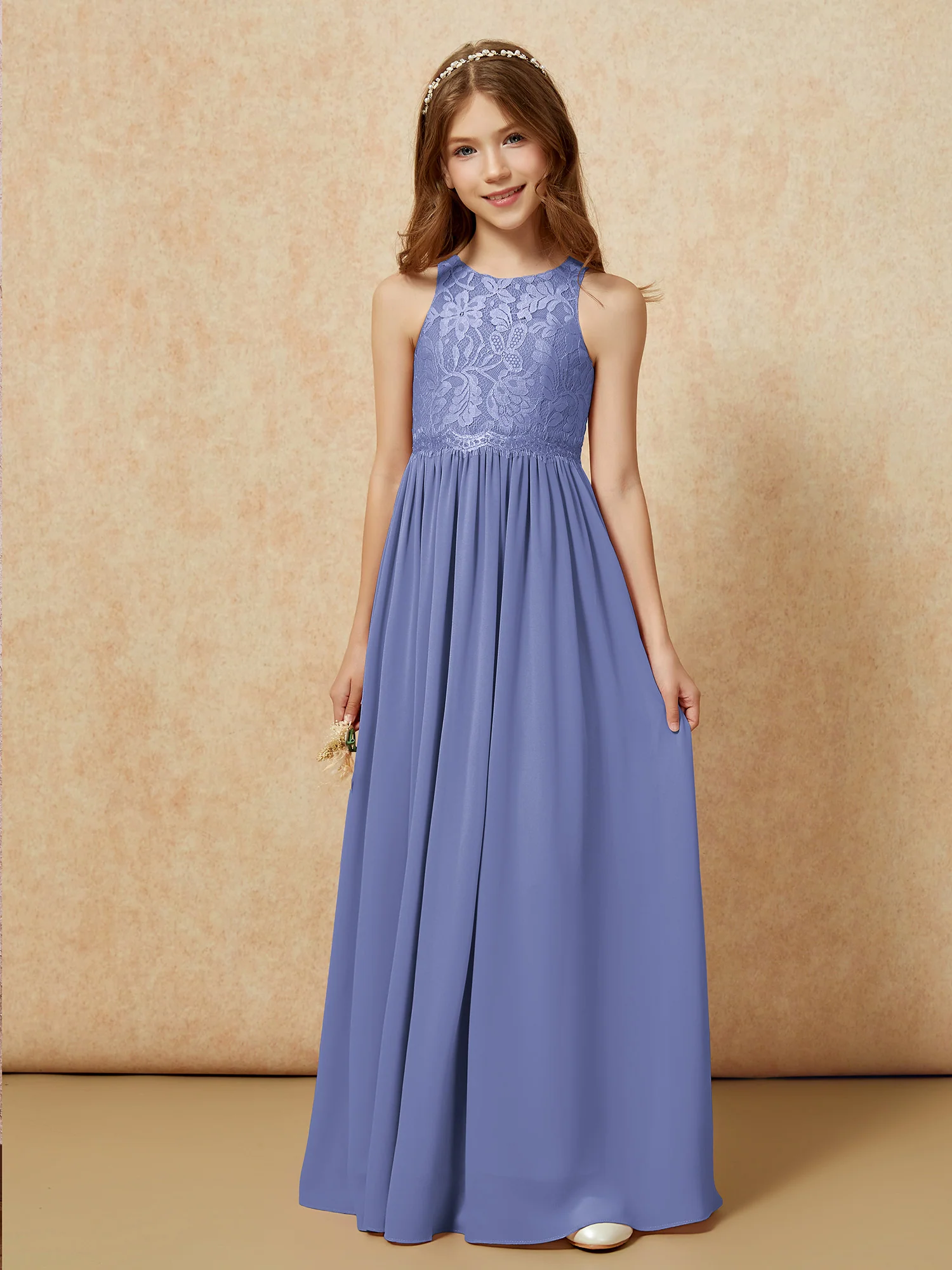 Sleeveless Lace Chiffon A-line Junior Bridesmaid Dress Periwinkle - Image 6