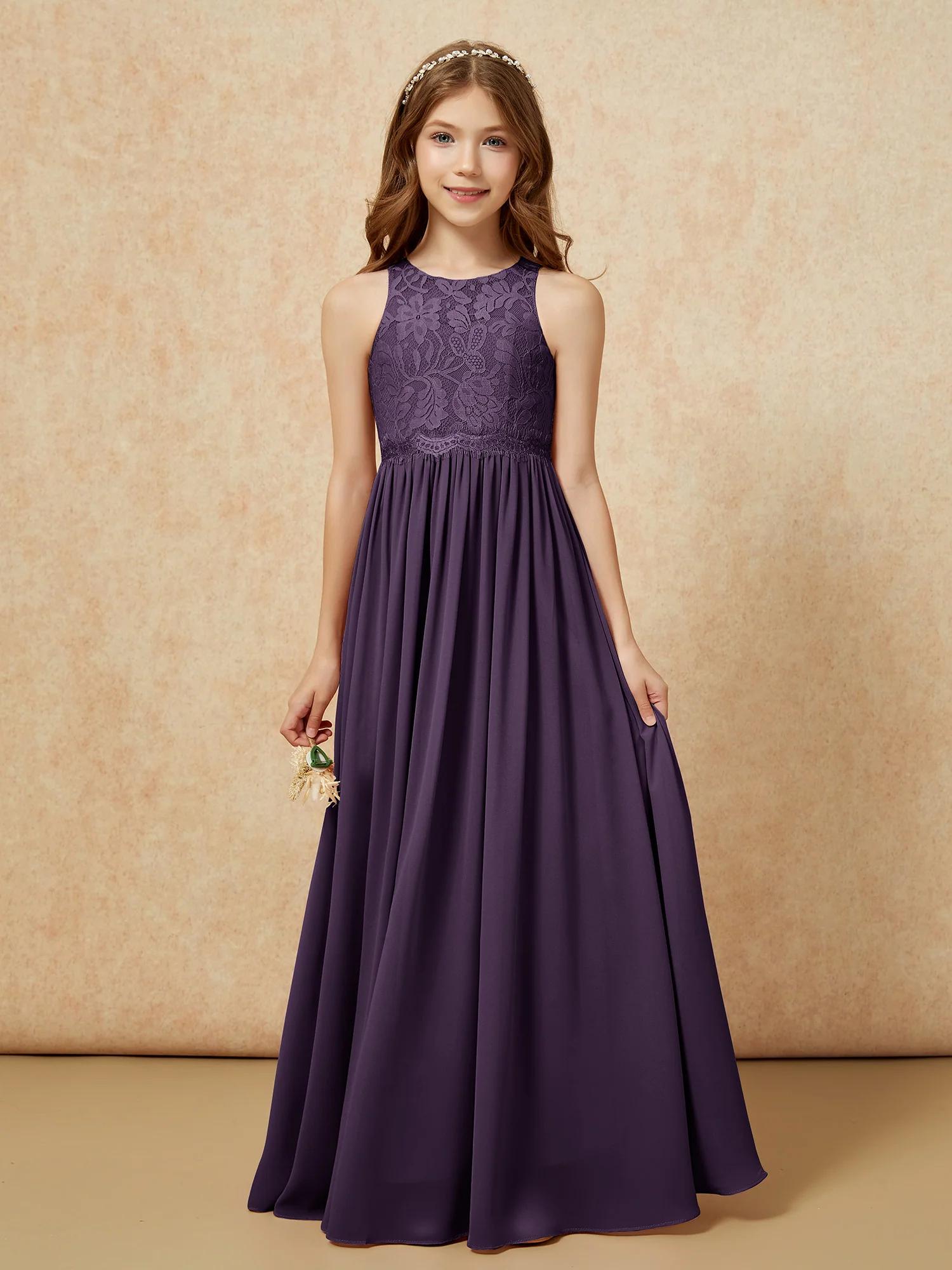 Sleeveless Lace Chiffon A-line Junior Bridesmaid Dress Plum