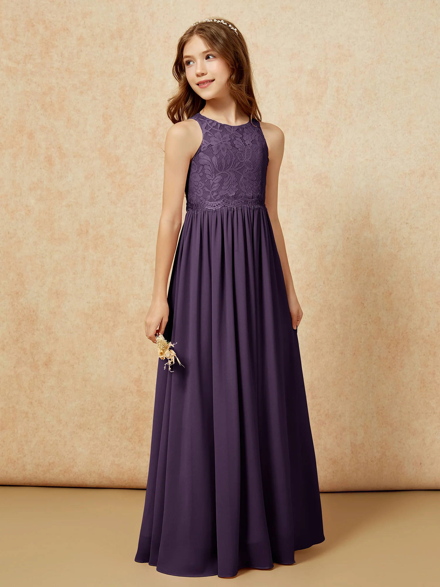 Sleeveless Lace Chiffon A-line Junior Bridesmaid Dress Plum - Image 5