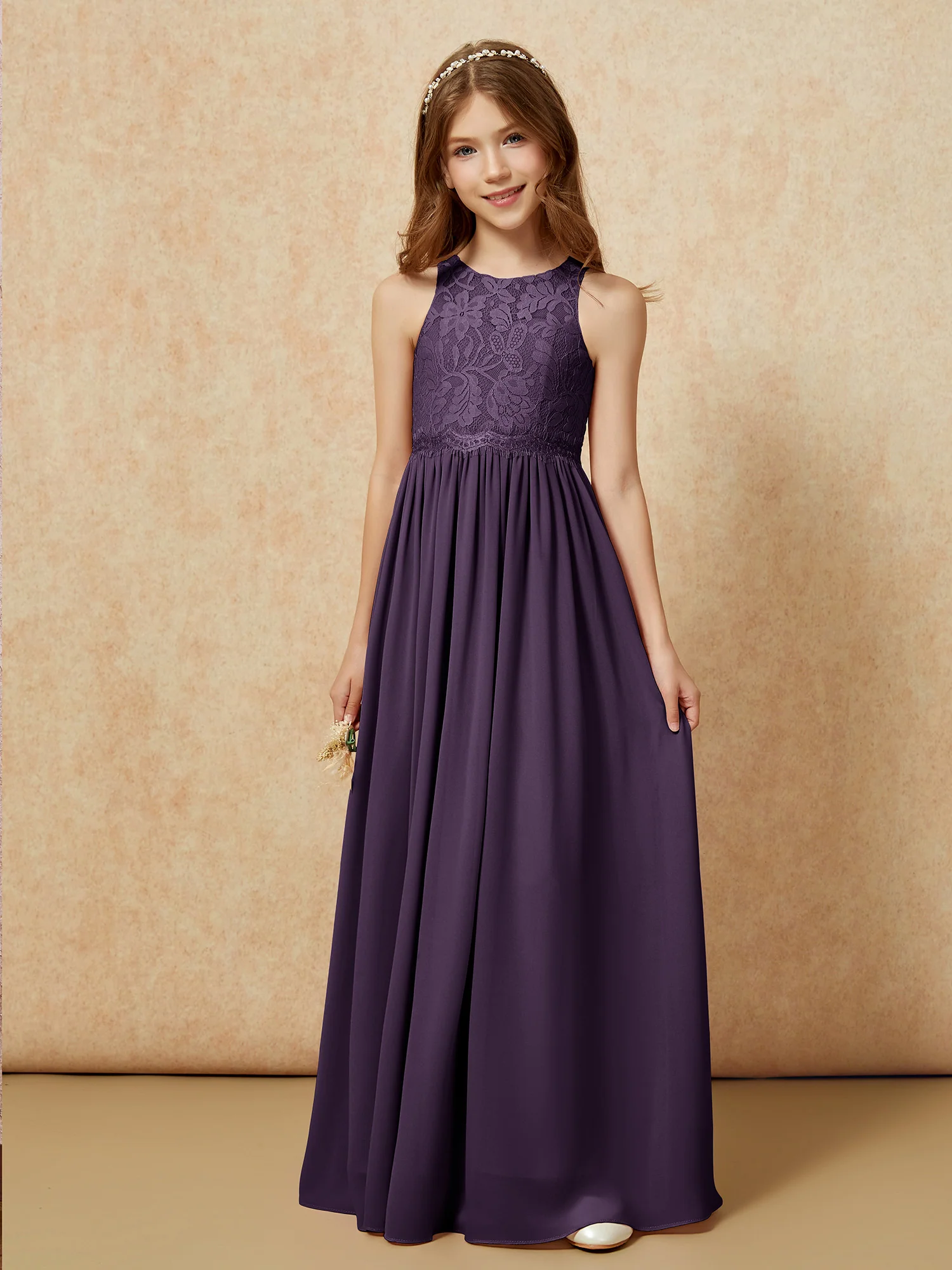 Sleeveless Lace Chiffon A-line Junior Bridesmaid Dress Plum - Image 6