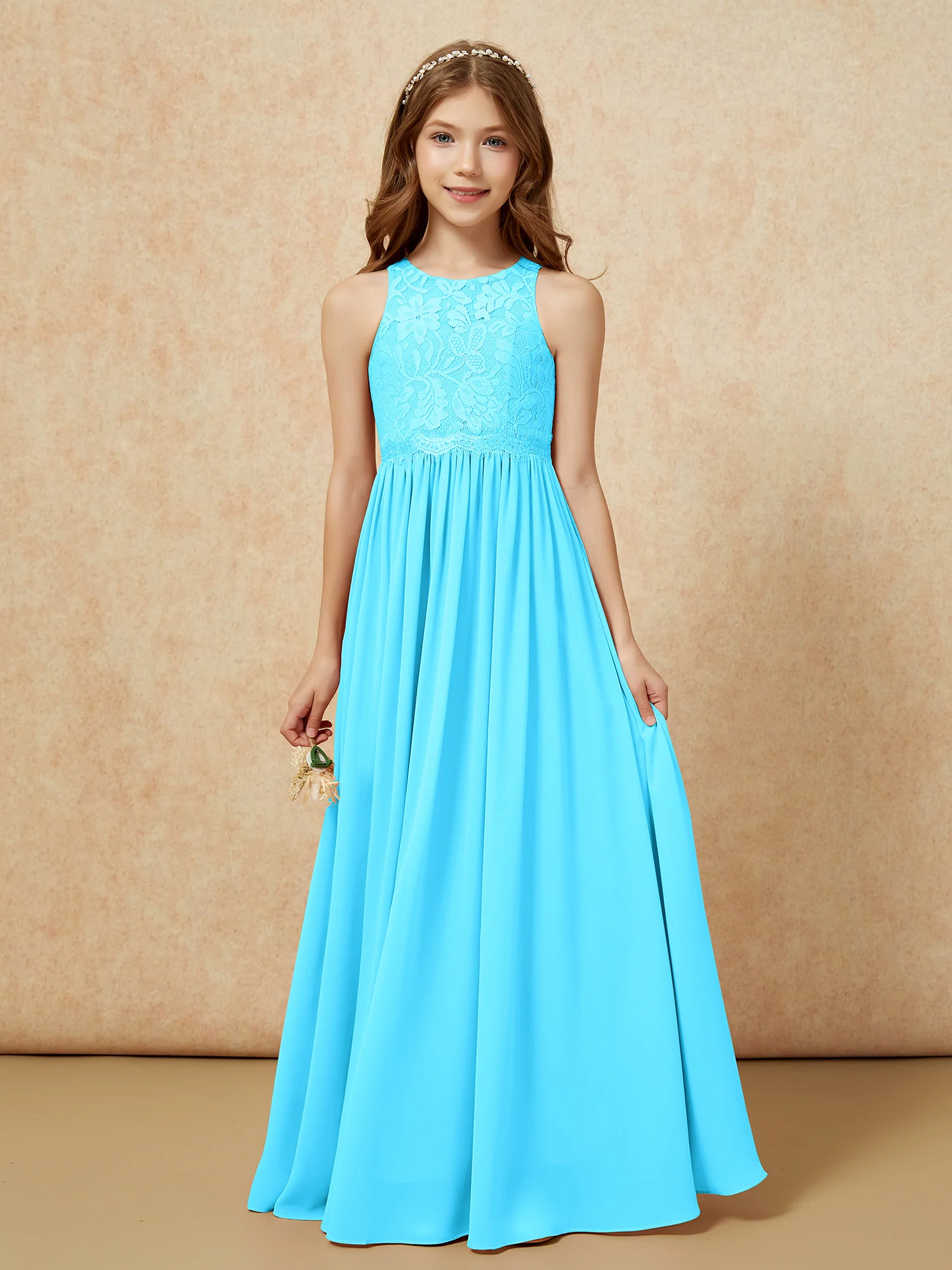 Sleeveless Lace Chiffon A-line Junior Bridesmaid Dress Pool