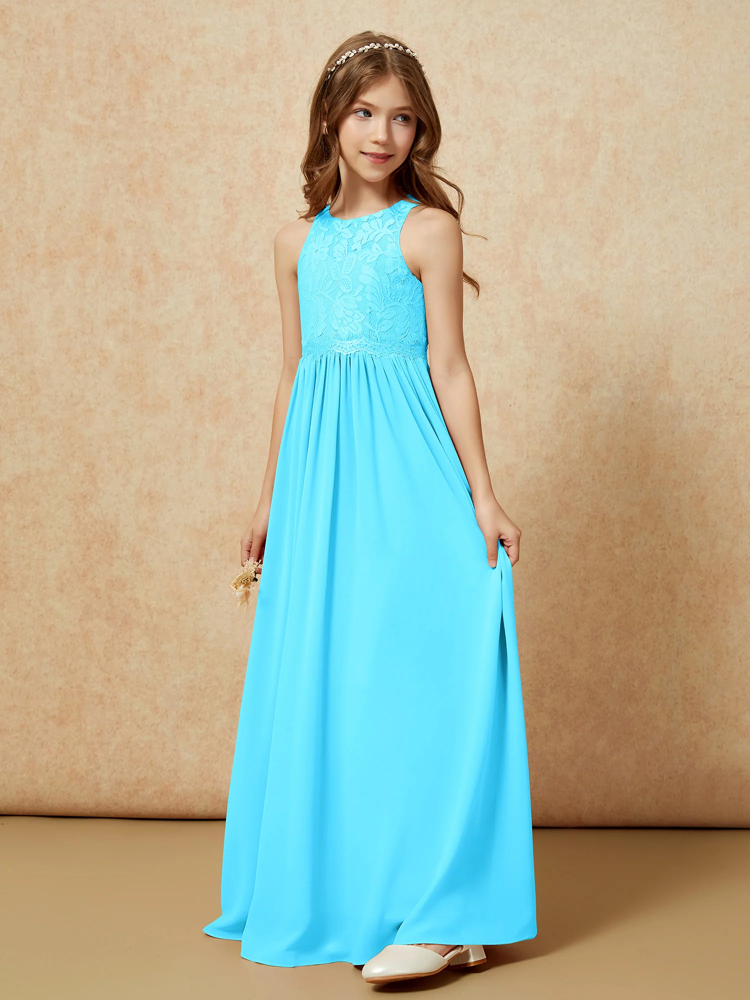Sleeveless Lace Chiffon A-line Junior Bridesmaid Dress Pool - Image 3