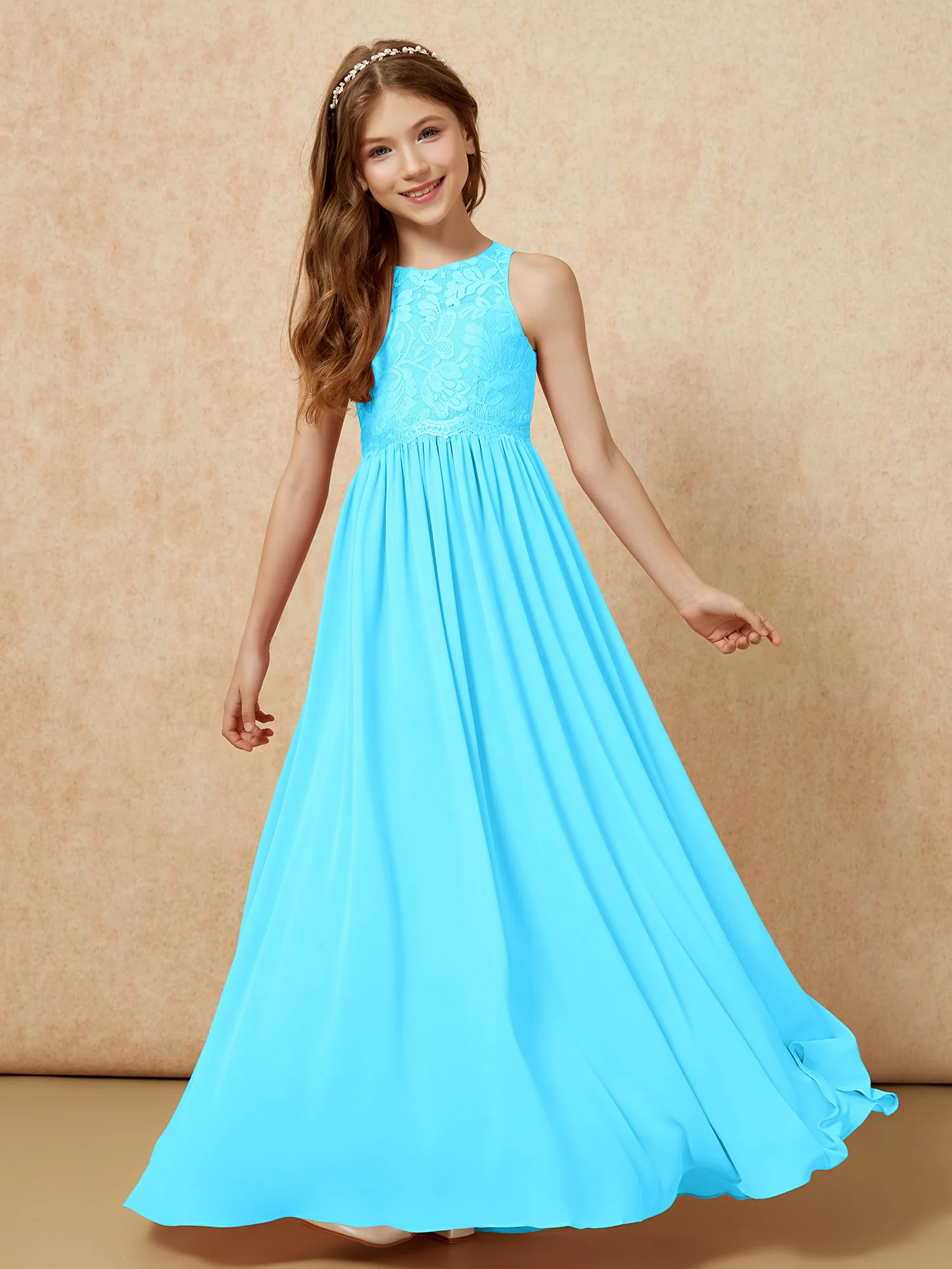 Sleeveless Lace Chiffon A-line Junior Bridesmaid Dress Pool - Image 4