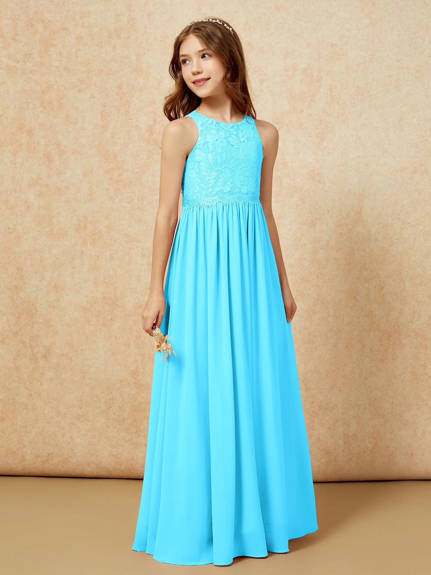 Sleeveless Lace Chiffon A-line Junior Bridesmaid Dress Pool - Image 5