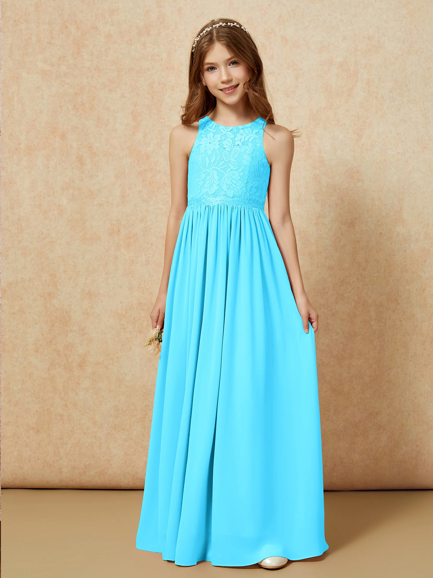 Sleeveless Lace Chiffon A-line Junior Bridesmaid Dress Pool - Image 6