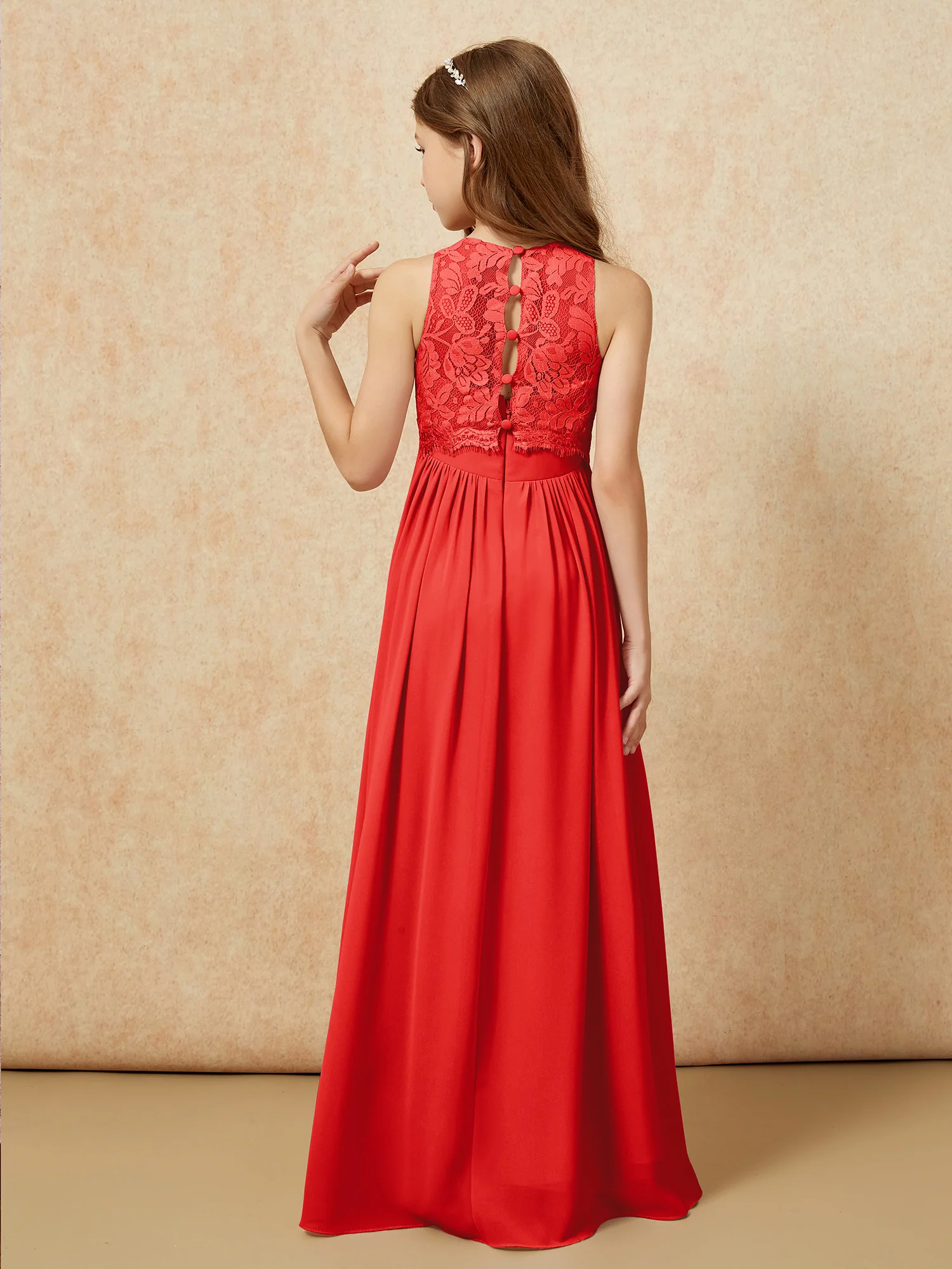 Sleeveless Lace Chiffon A-line Junior Bridesmaid Dress Red - Image 2