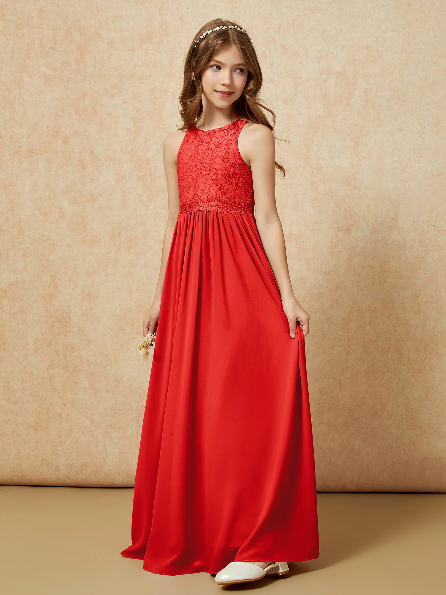 Sleeveless Lace Chiffon A-line Junior Bridesmaid Dress Red - Image 3