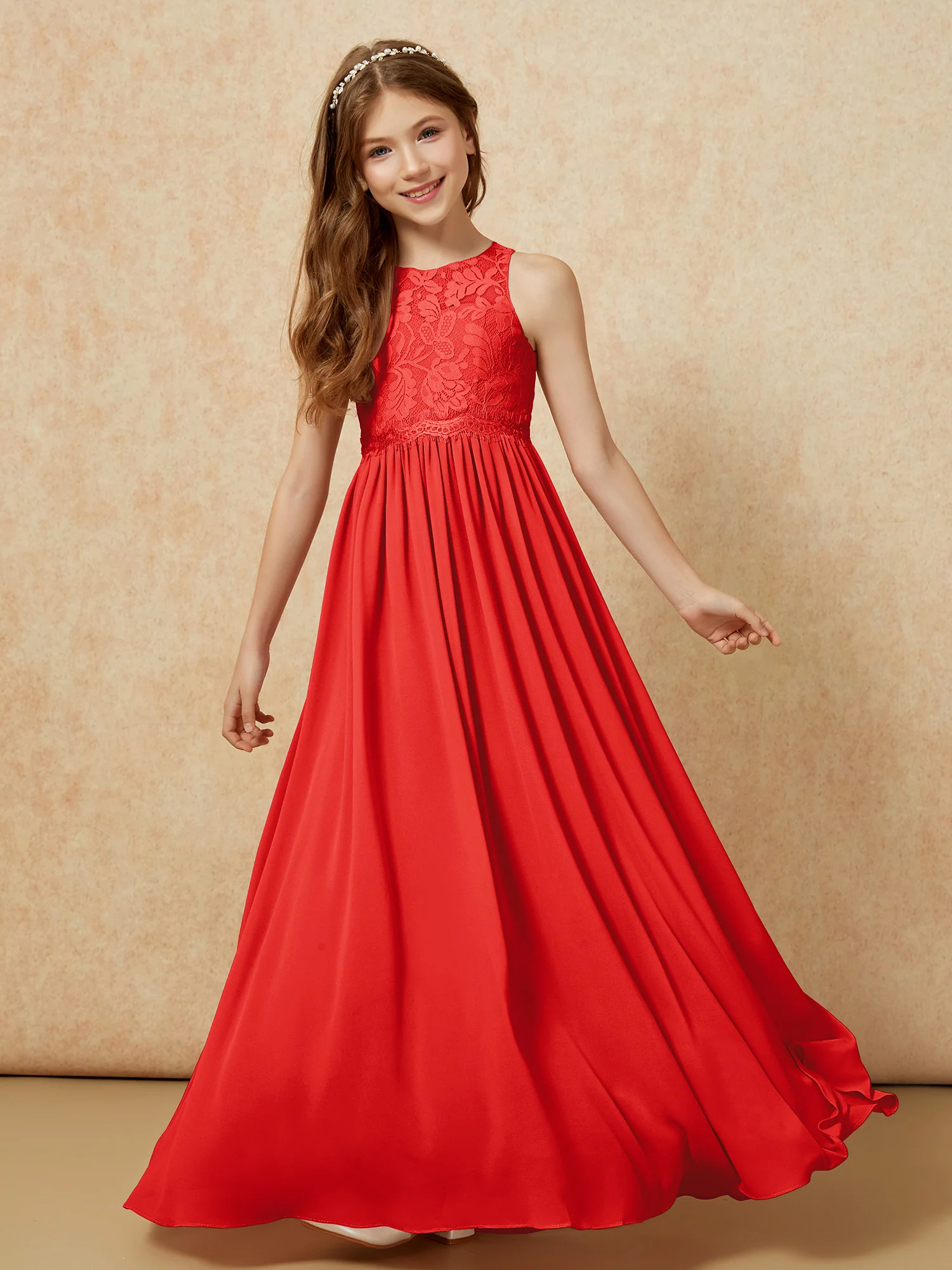 Sleeveless Lace Chiffon A-line Junior Bridesmaid Dress Red - Image 4