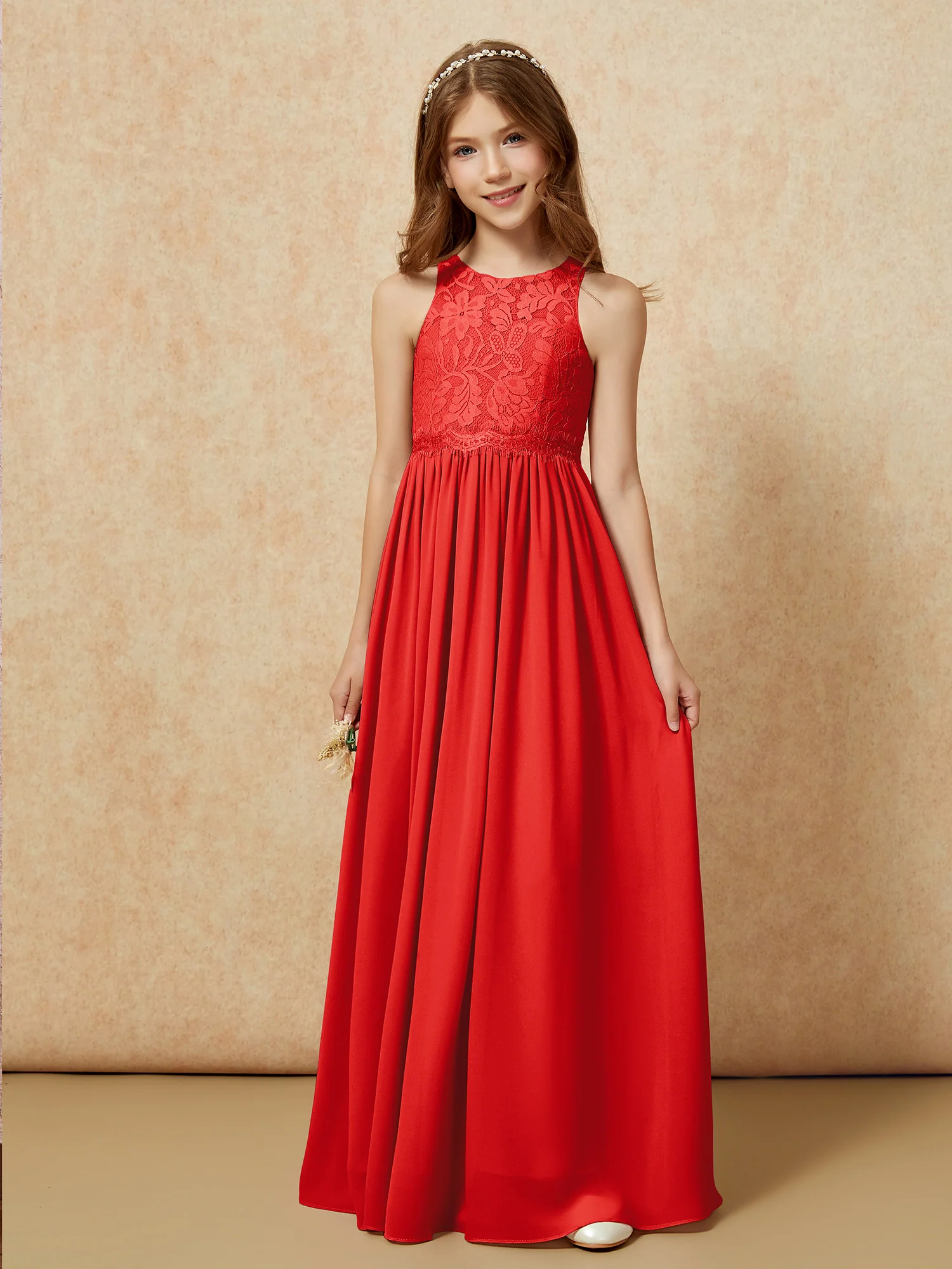 Sleeveless Lace Chiffon A-line Junior Bridesmaid Dress Red - Image 6