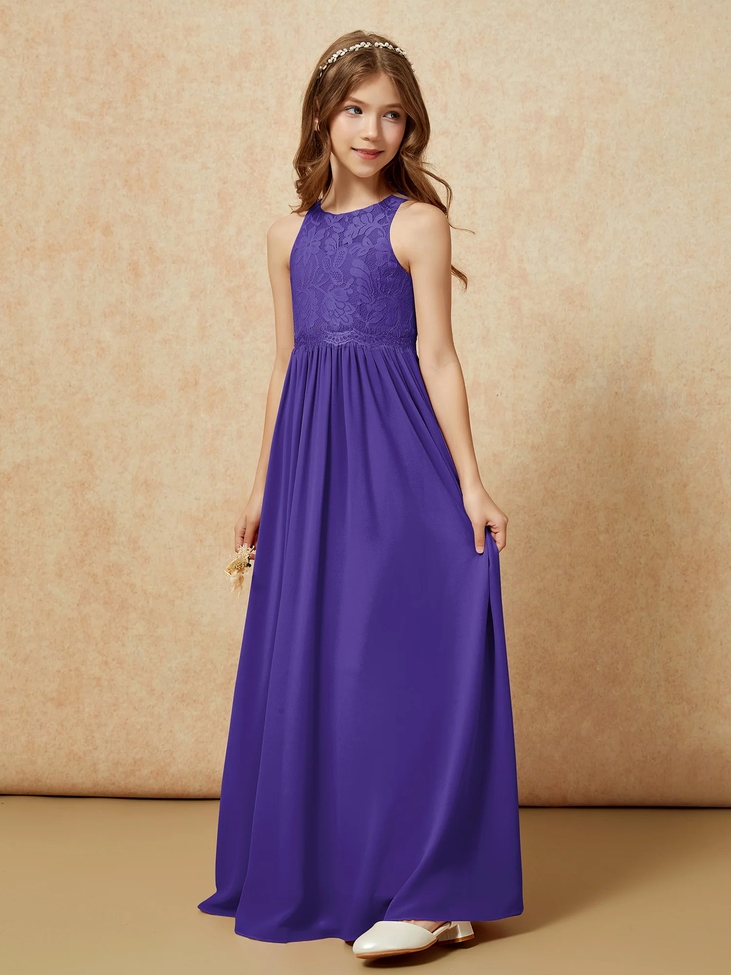 Sleeveless Lace Chiffon A-line Junior Bridesmaid Dress Regency - Image 3