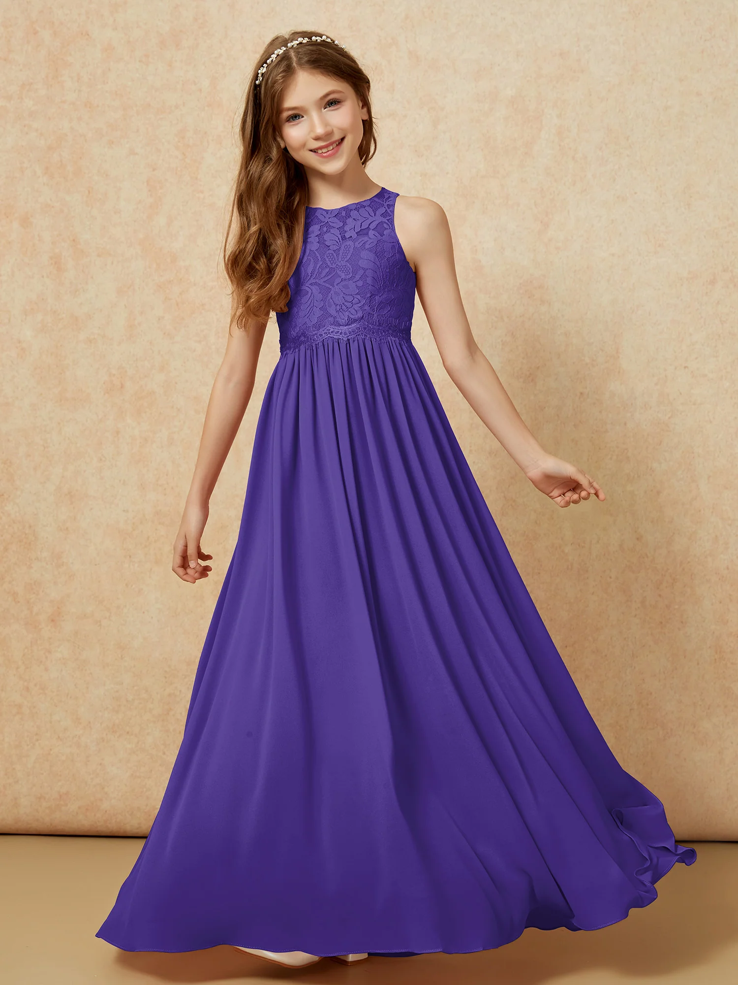 Sleeveless Lace Chiffon A-line Junior Bridesmaid Dress Regency - Image 4