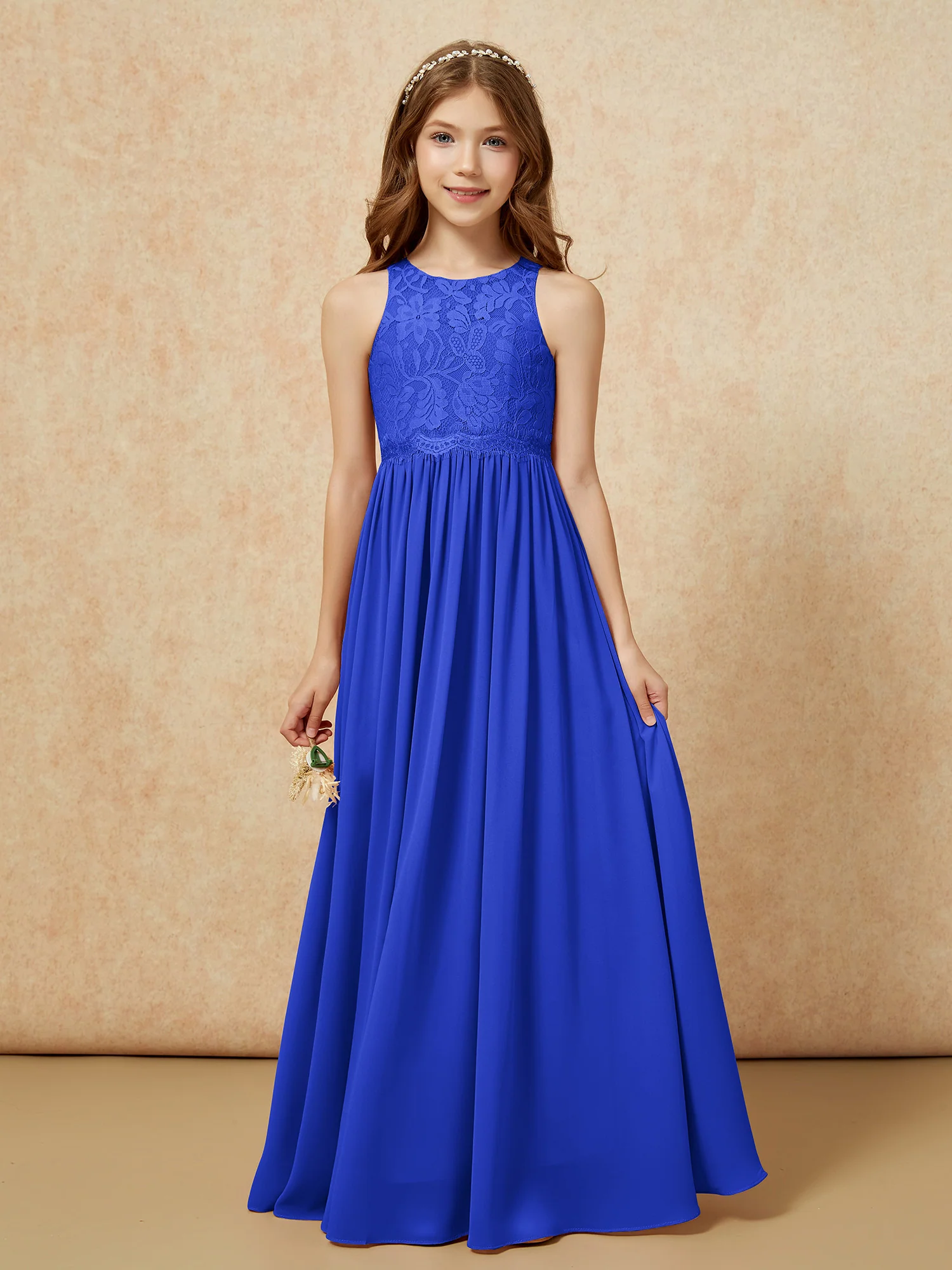 Sleeveless Lace Chiffon A-line Junior Bridesmaid Dress Royal Blue
