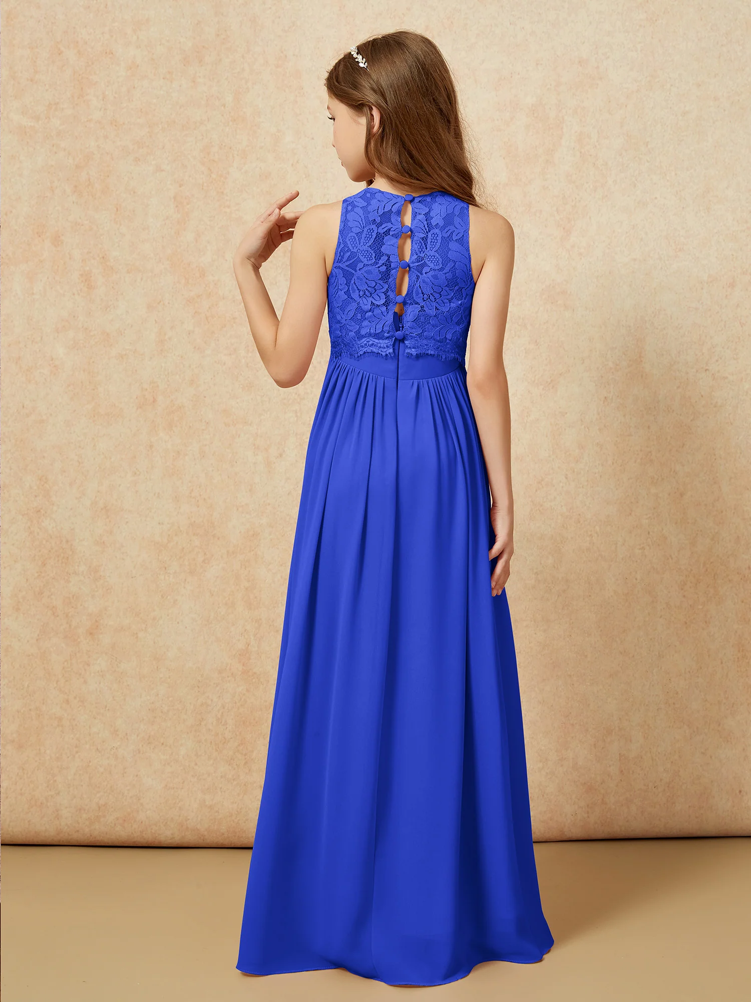 Sleeveless Lace Chiffon A-line Junior Bridesmaid Dress Royal Blue - Image 2