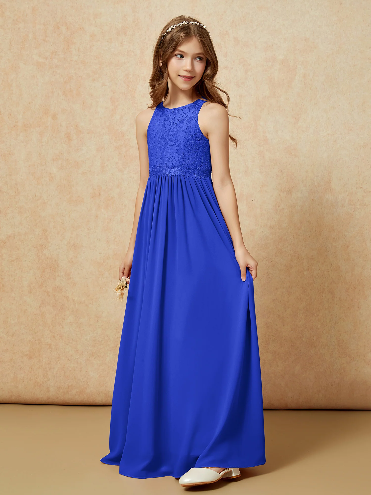 Sleeveless Lace Chiffon A-line Junior Bridesmaid Dress Royal Blue - Image 3