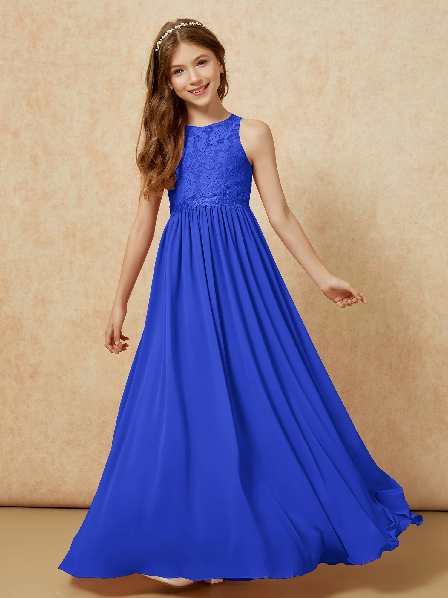 Sleeveless Lace Chiffon A-line Junior Bridesmaid Dress Royal Blue - Image 4