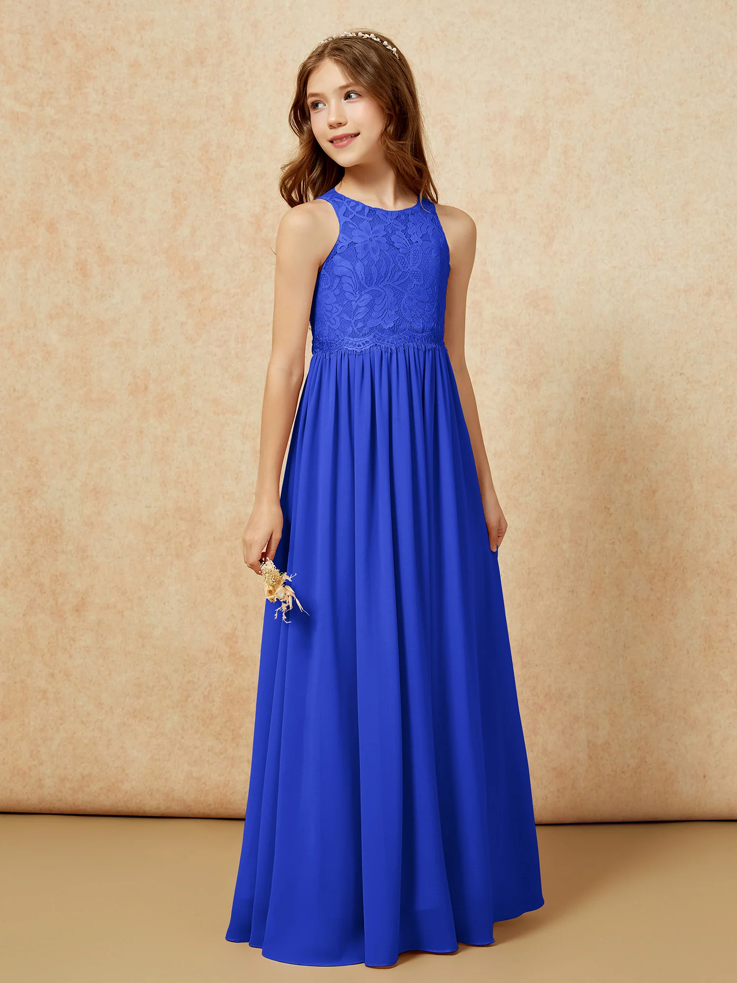 Sleeveless Lace Chiffon A-line Junior Bridesmaid Dress Royal Blue - Image 5
