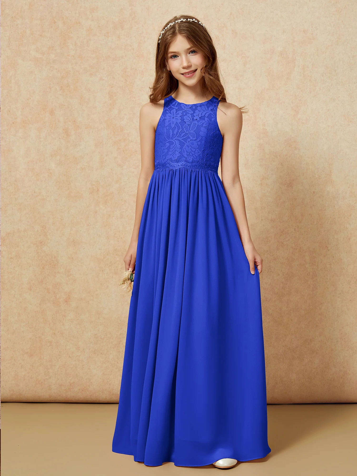Sleeveless Lace Chiffon A-line Junior Bridesmaid Dress Royal Blue - Image 6