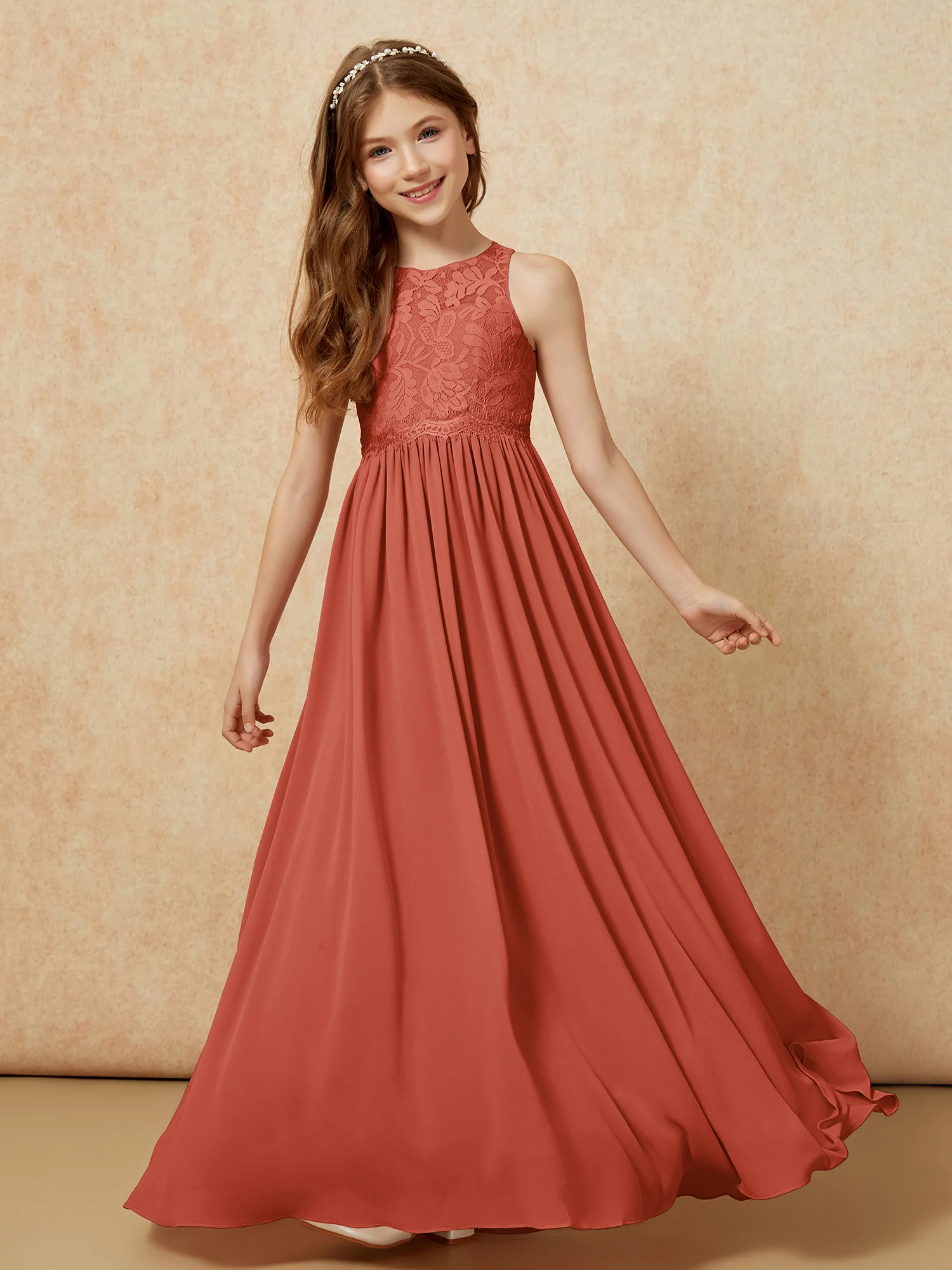 Sleeveless Lace Chiffon A-line Junior Bridesmaid Dress Rust - Image 4
