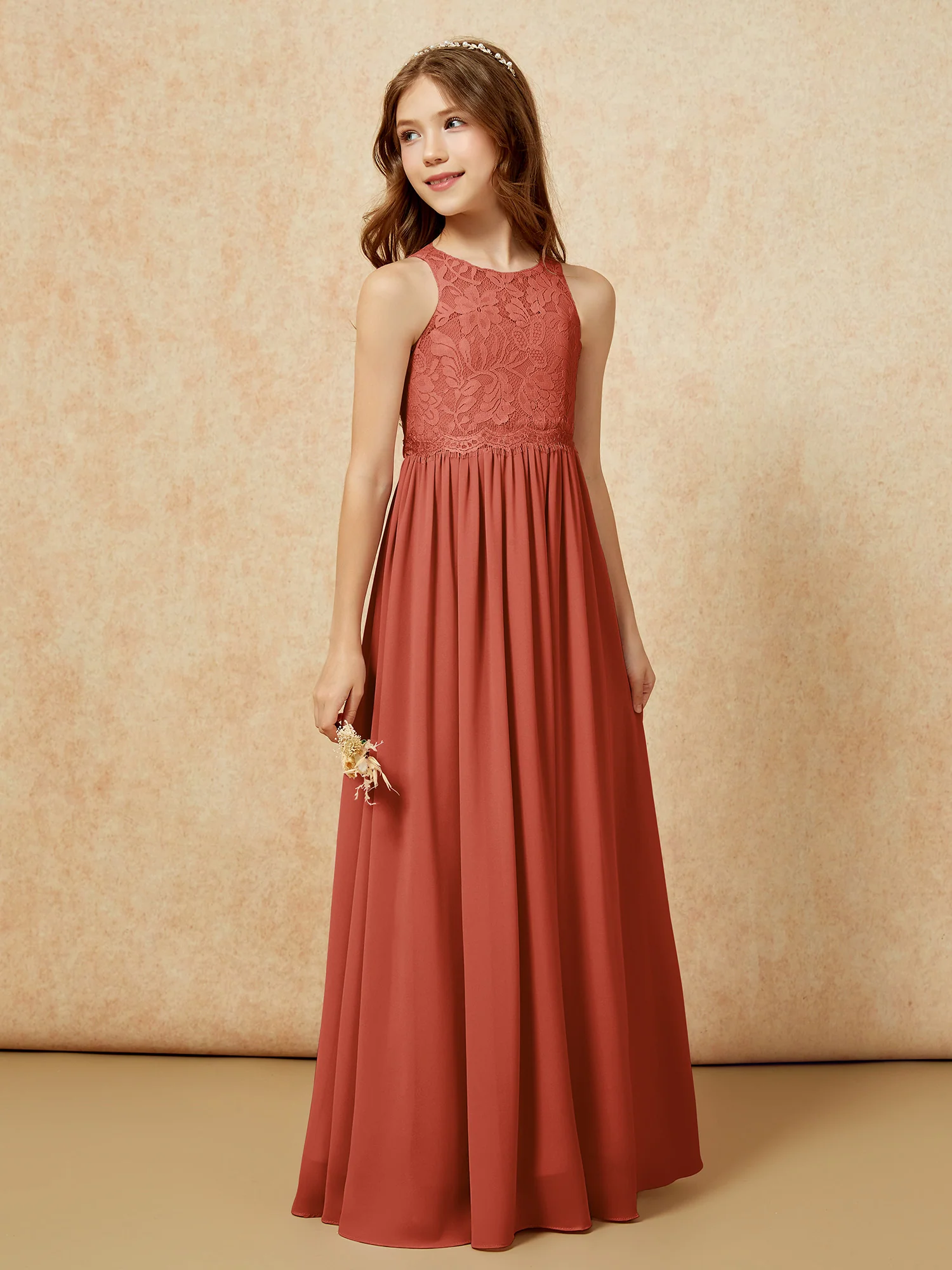 Sleeveless Lace Chiffon A-line Junior Bridesmaid Dress Rust - Image 5
