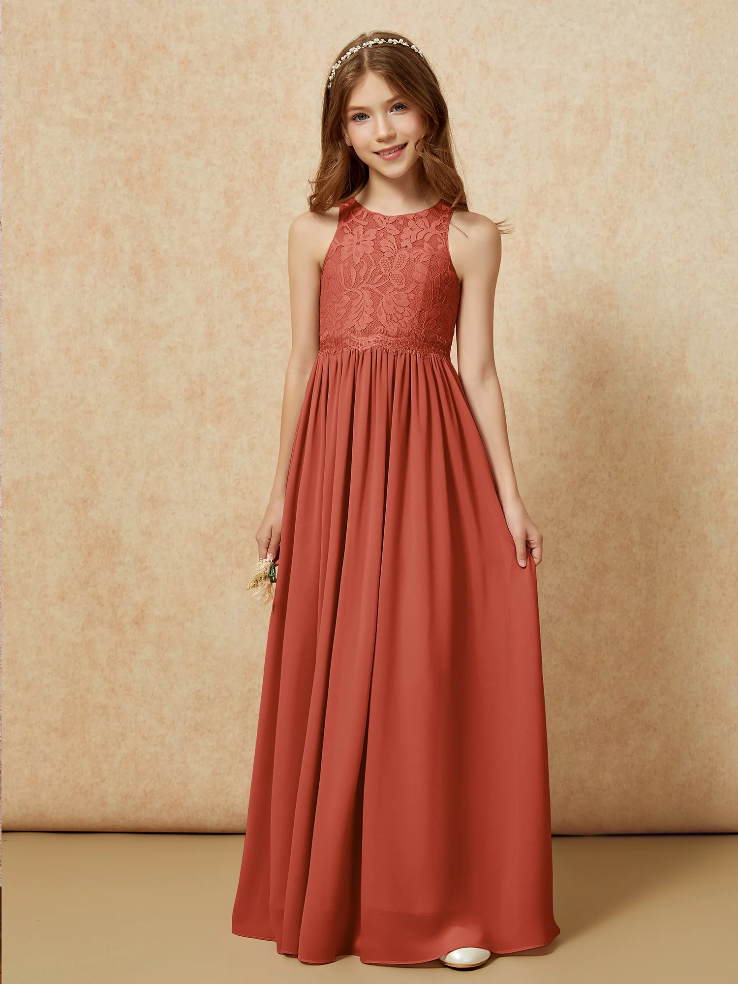 Sleeveless Lace Chiffon A-line Junior Bridesmaid Dress Rust - Image 6