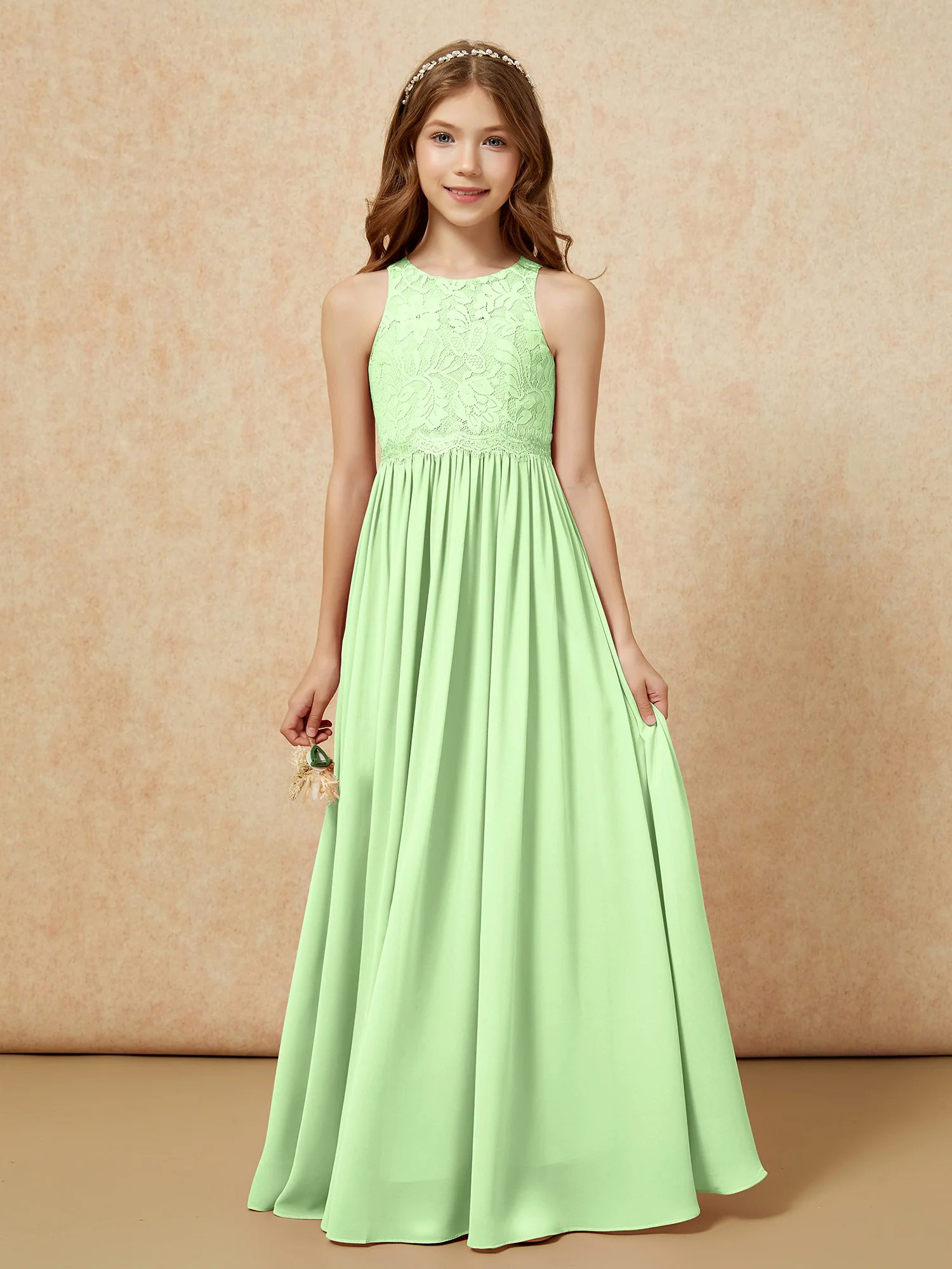 Sleeveless Lace Chiffon A-line Junior Bridesmaid Dress Sage