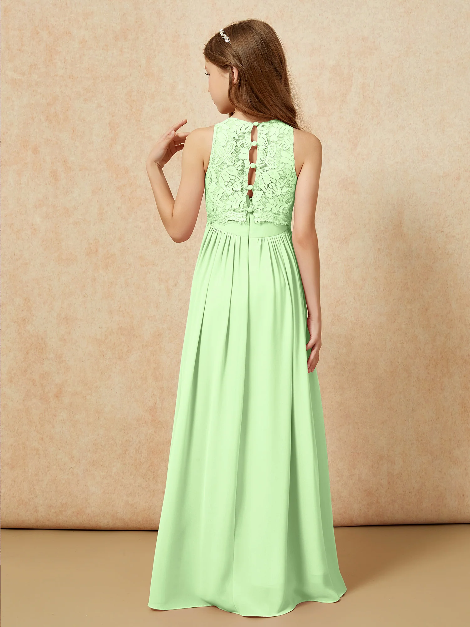 Sleeveless Lace Chiffon A-line Junior Bridesmaid Dress Sage - Image 2