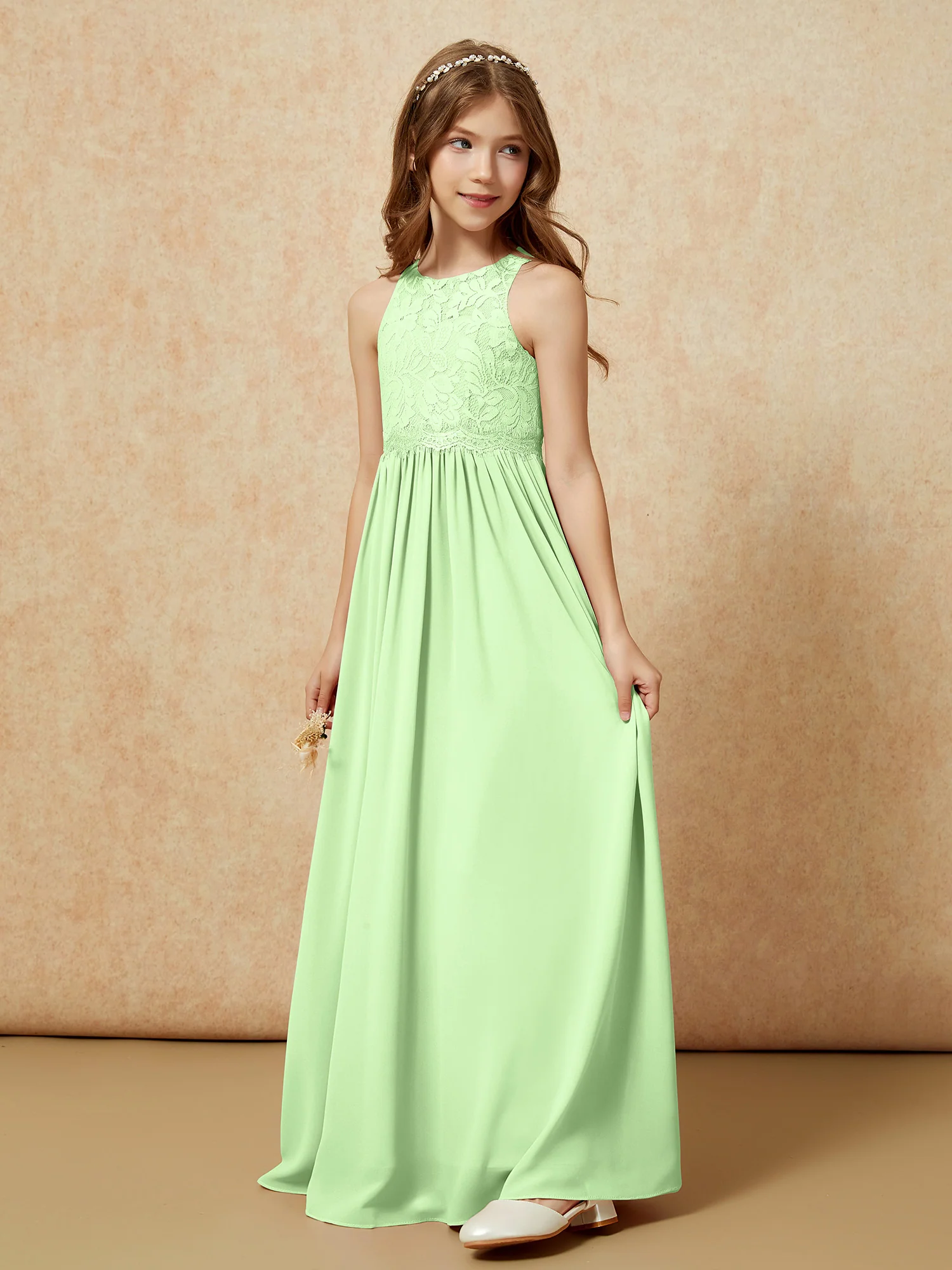 Sleeveless Lace Chiffon A-line Junior Bridesmaid Dress Sage - Image 3