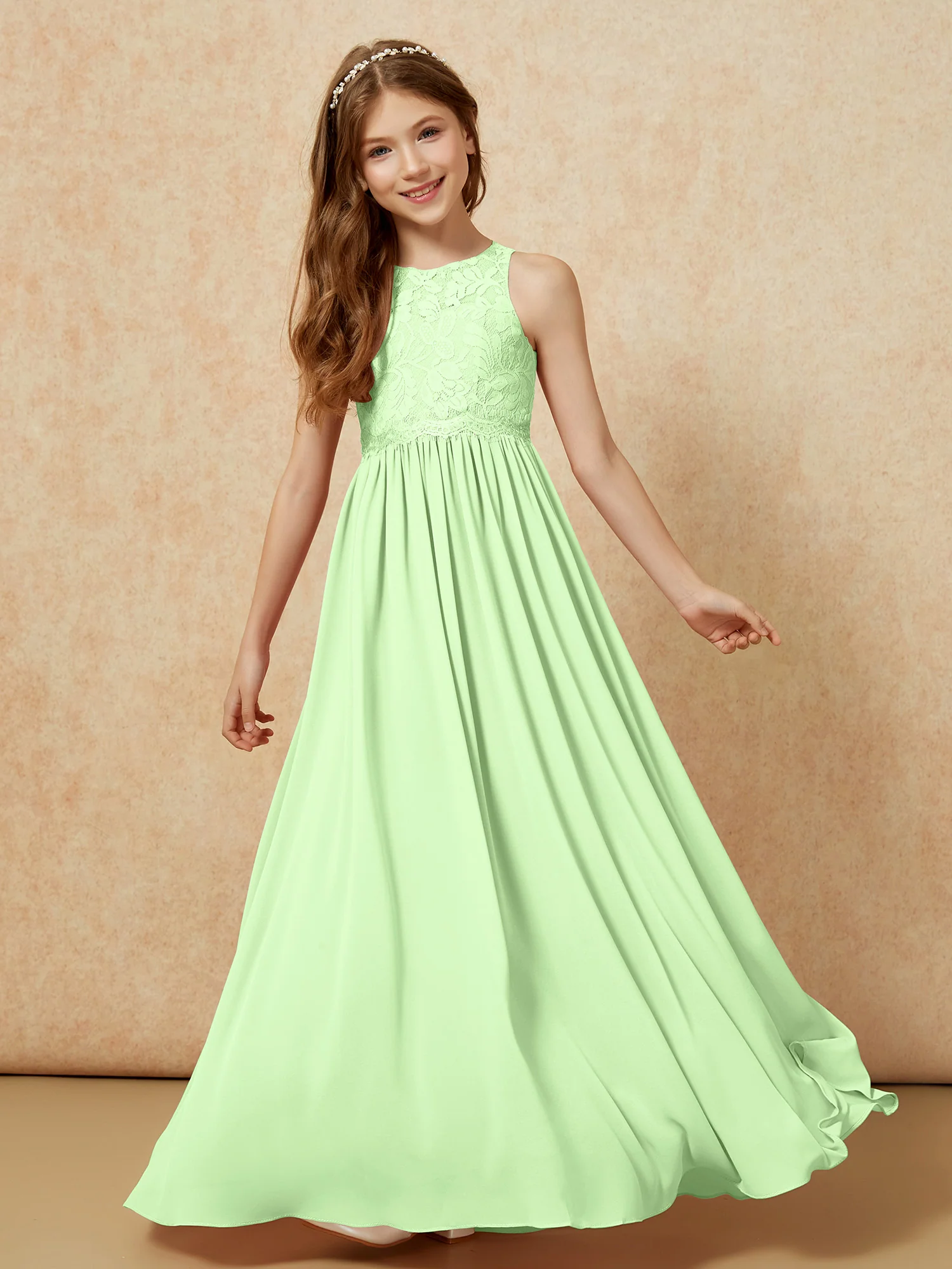 Sleeveless Lace Chiffon A-line Junior Bridesmaid Dress Sage - Image 4