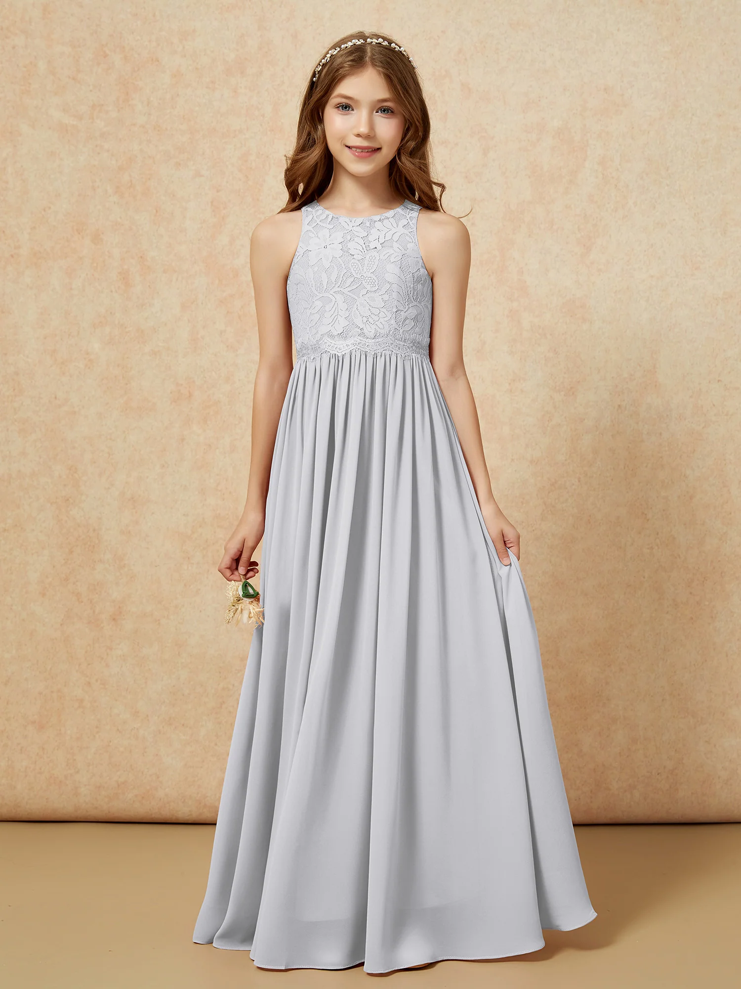 Sleeveless Lace Chiffon A-line Junior Bridesmaid Dress Silver