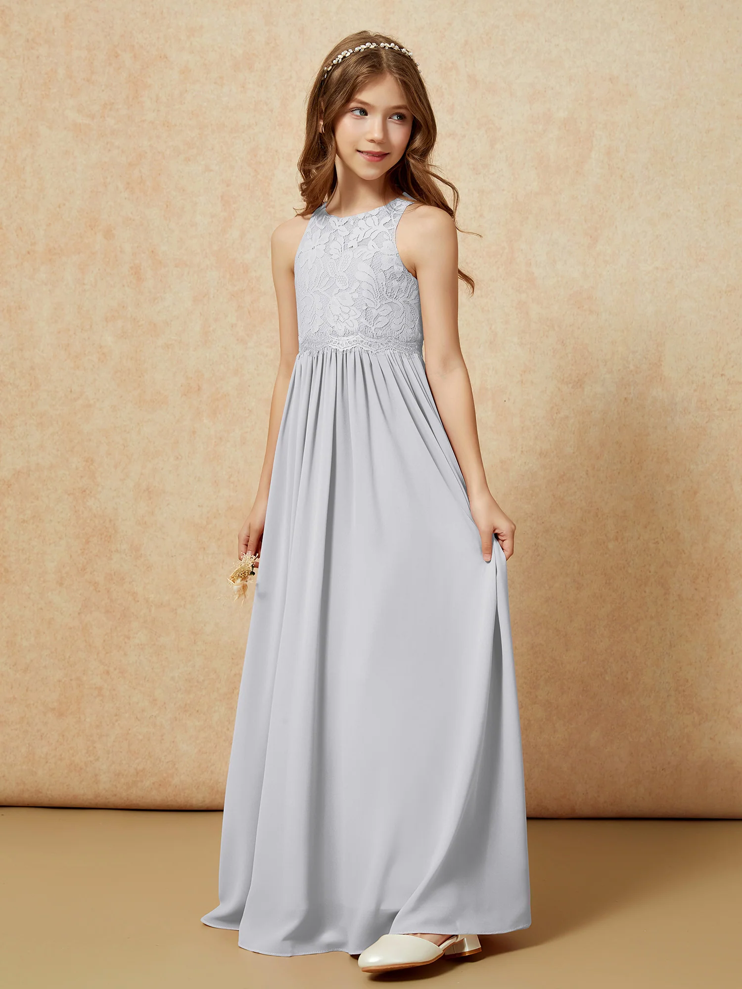 Sleeveless Lace Chiffon A-line Junior Bridesmaid Dress Silver - Image 3