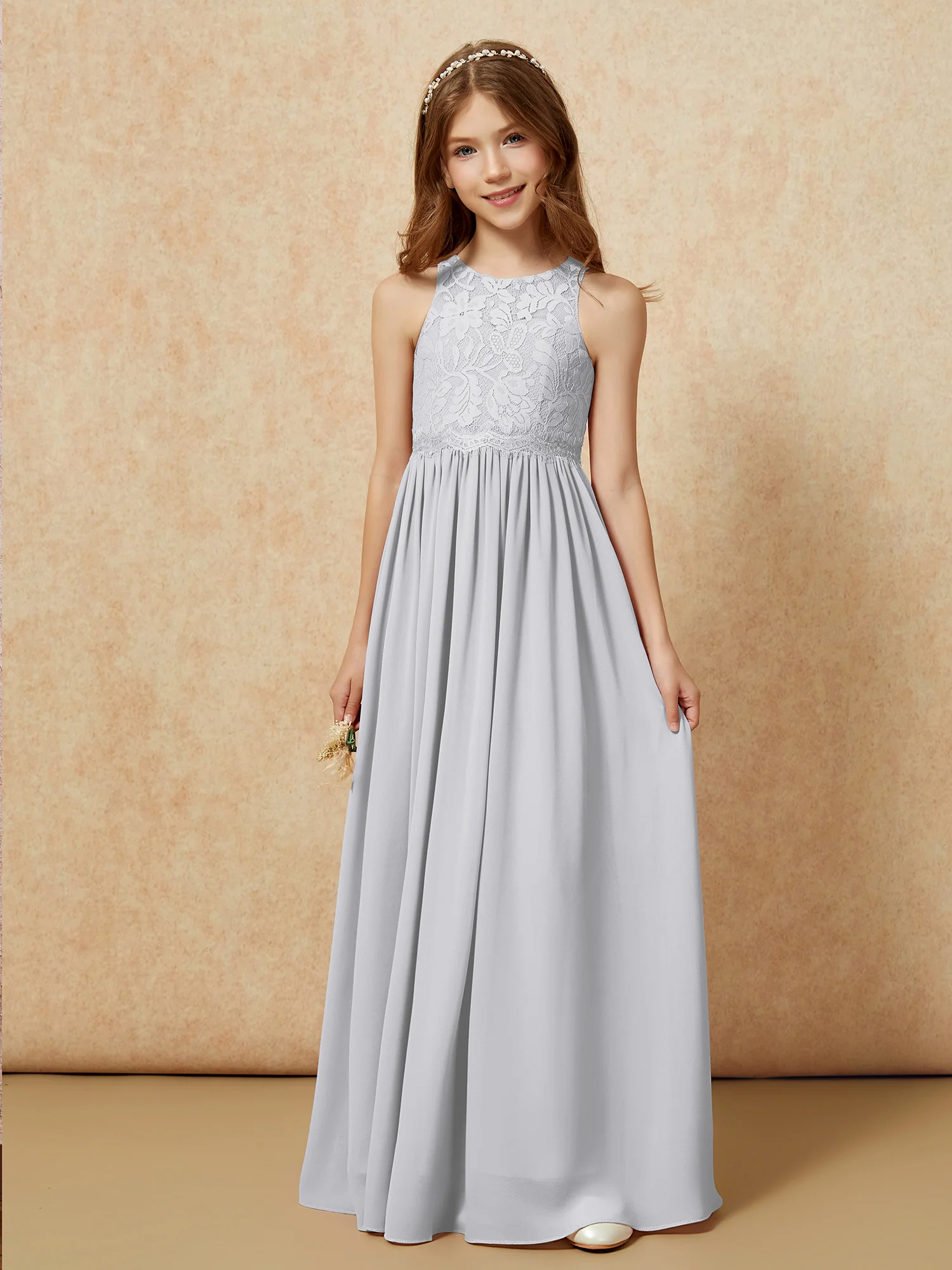 Sleeveless Lace Chiffon A-line Junior Bridesmaid Dress Silver - Image 6