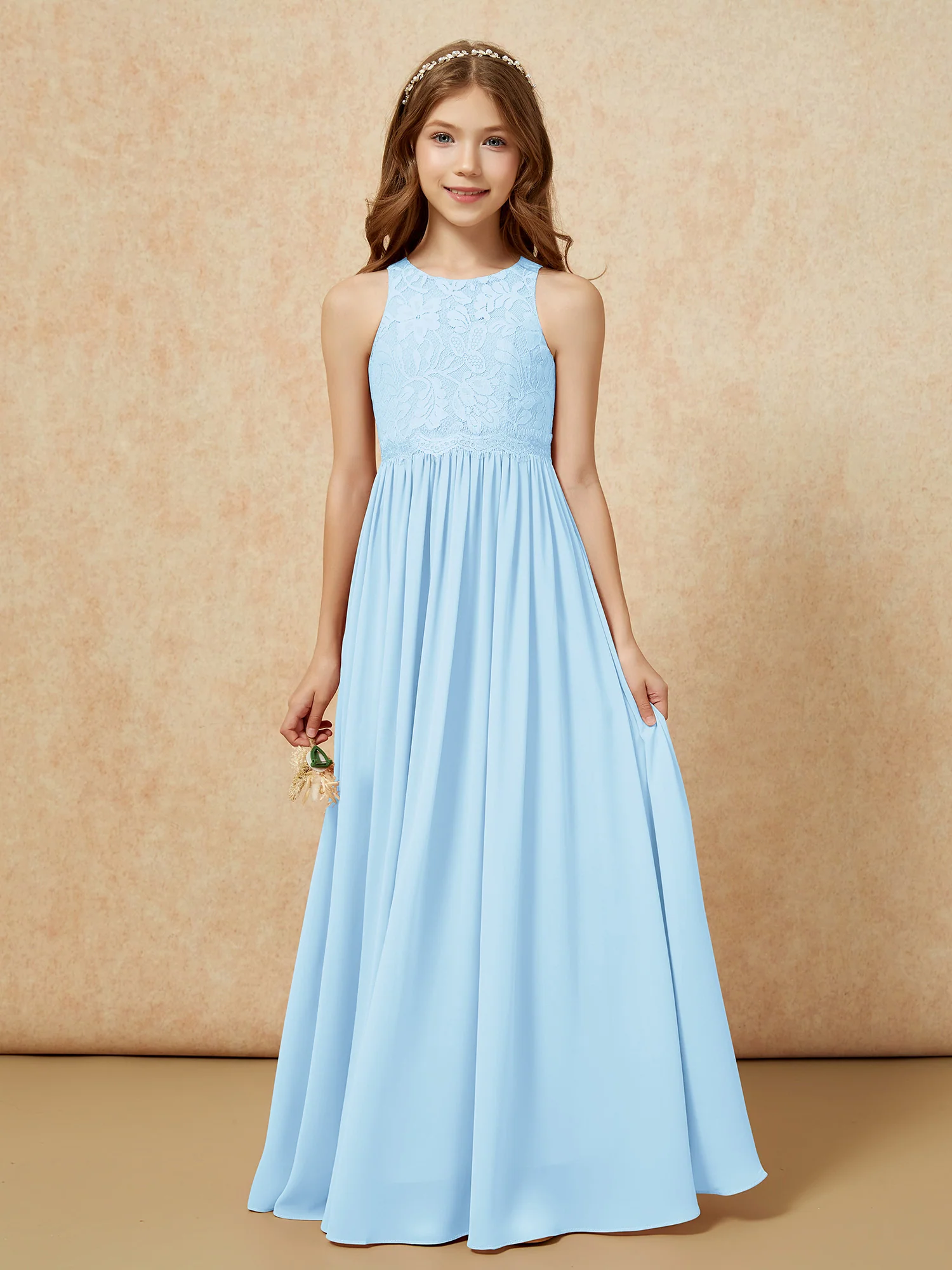 Sleeveless Lace Chiffon A-line Junior Bridesmaid Dress Sky Blue